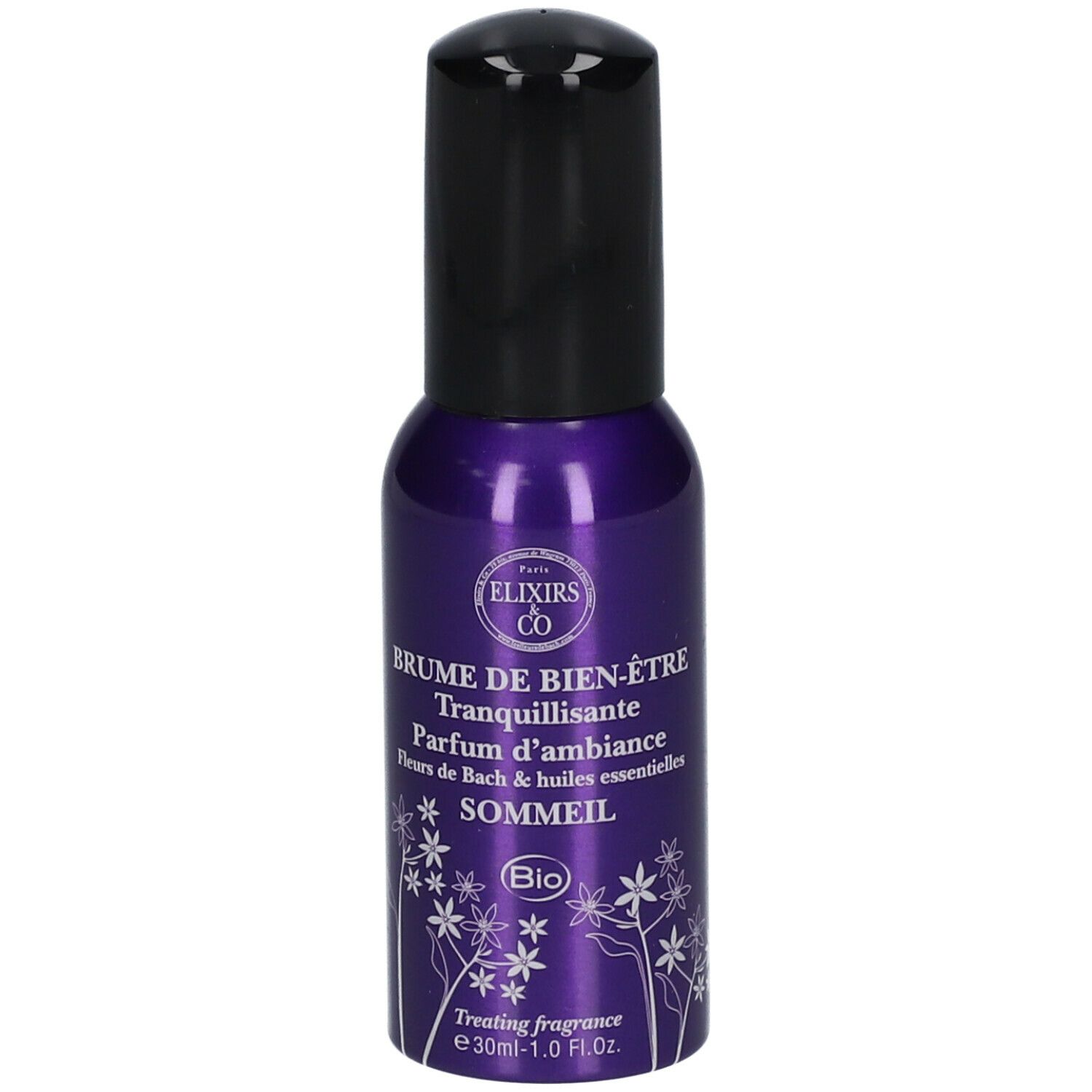 Flacon spray violet avec bouchon noir. Inscription: Brume de bien-être, Tranquillisante, Parfum d'ambiance, Fleurs de Bach, Sommeil.