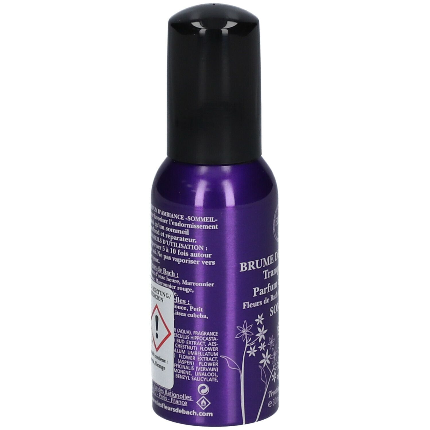 Flacon spray violet avec bouchon noir. Inscription: Brume de bien-être, Tranquillisante, Parfum d'ambiance, Fleurs de Bach, Sommeil. Texte au dos.