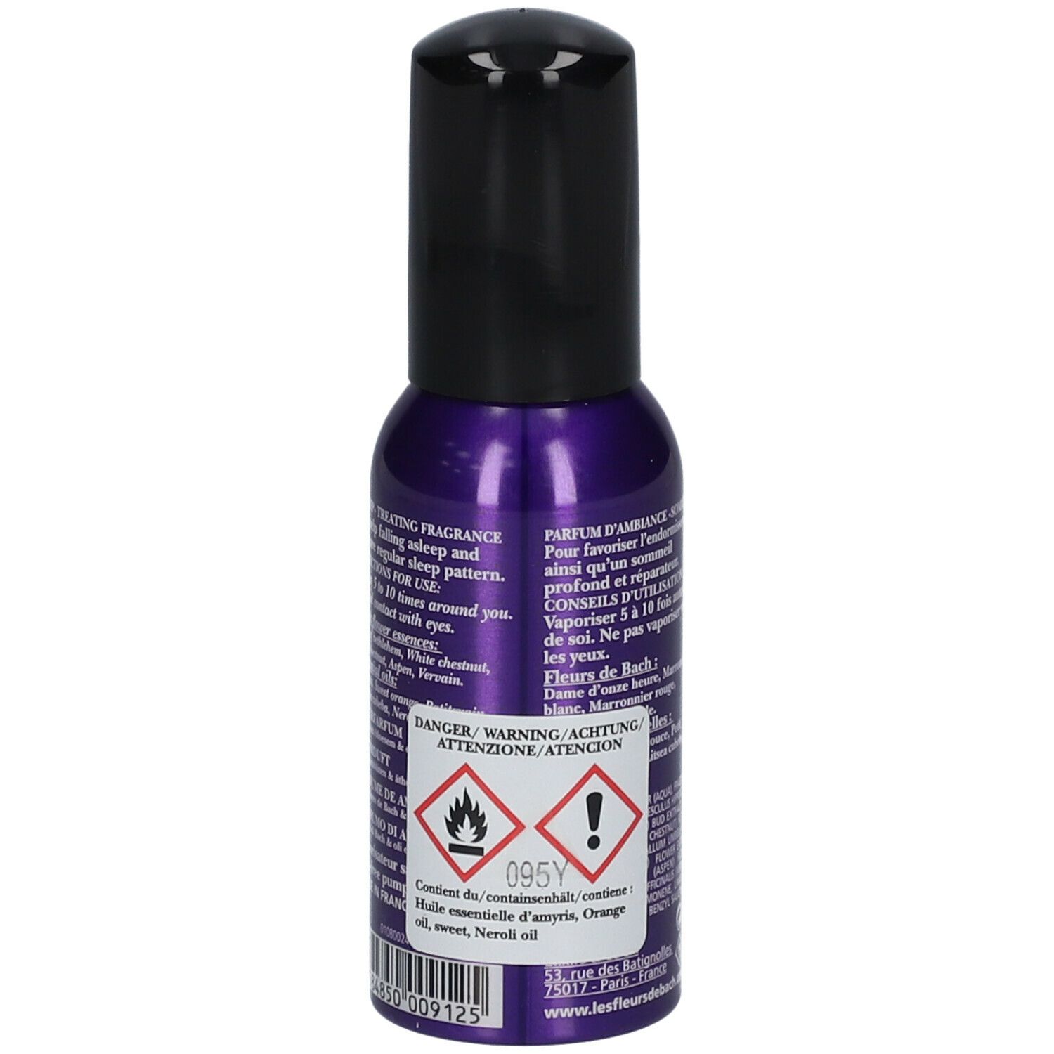 Flacon spray violet avec bouchon noir. Inscription: Brume de bien-être, Tranquillisante, Parfum d'ambiance, Fleurs de Bach, Sommeil. Texte au dos.