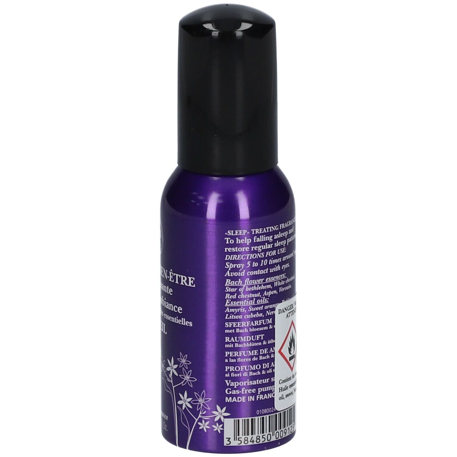 Flacon spray violet avec bouchon noir. Inscription: Brume de bien-être, Tranquillisante, Parfum d'ambiance, Fleurs de Bach, Sommeil. Texte au dos.