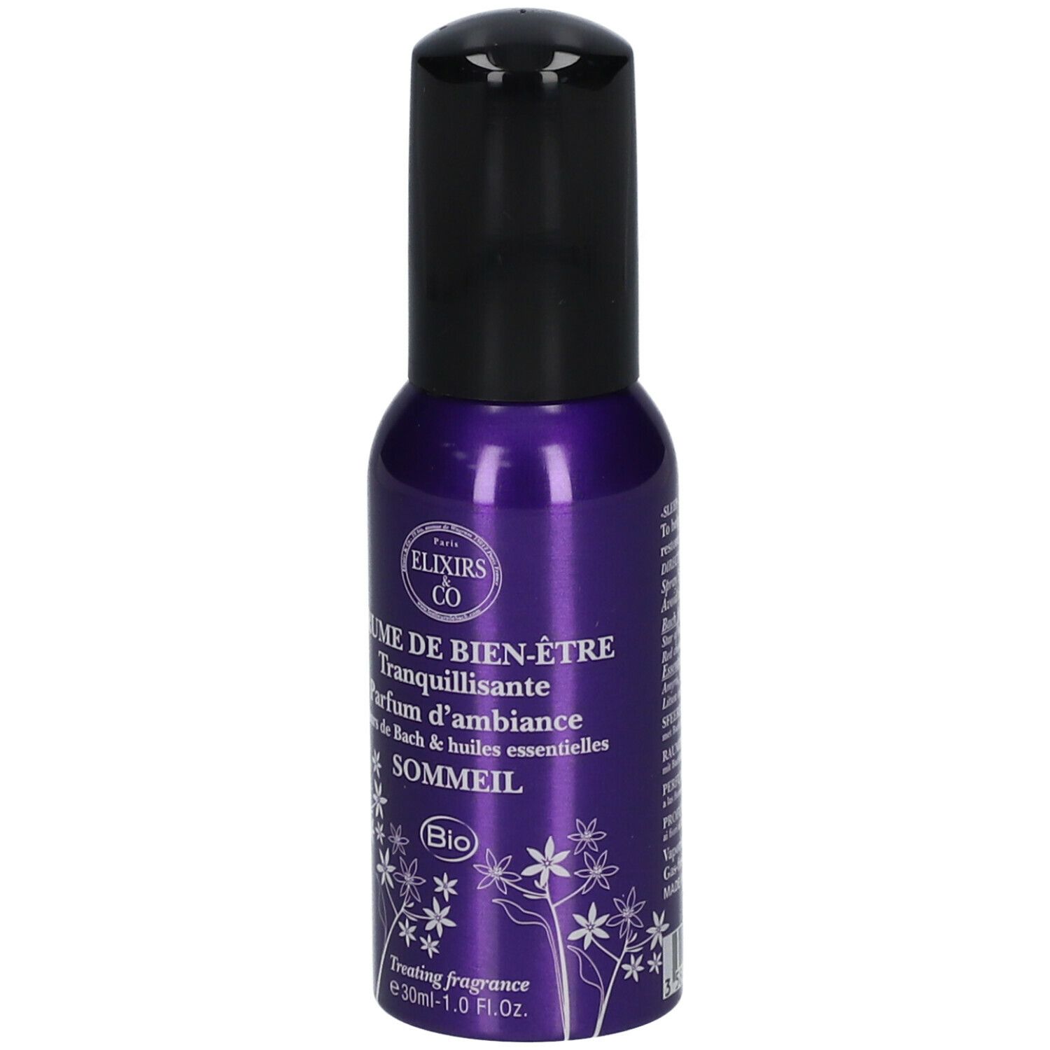 Flacon spray violet avec bouchon noir. Inscription: Brume de bien-être, Tranquillisante, Parfum d'ambiance, Fleurs de Bach, Sommeil. Texte au dos.