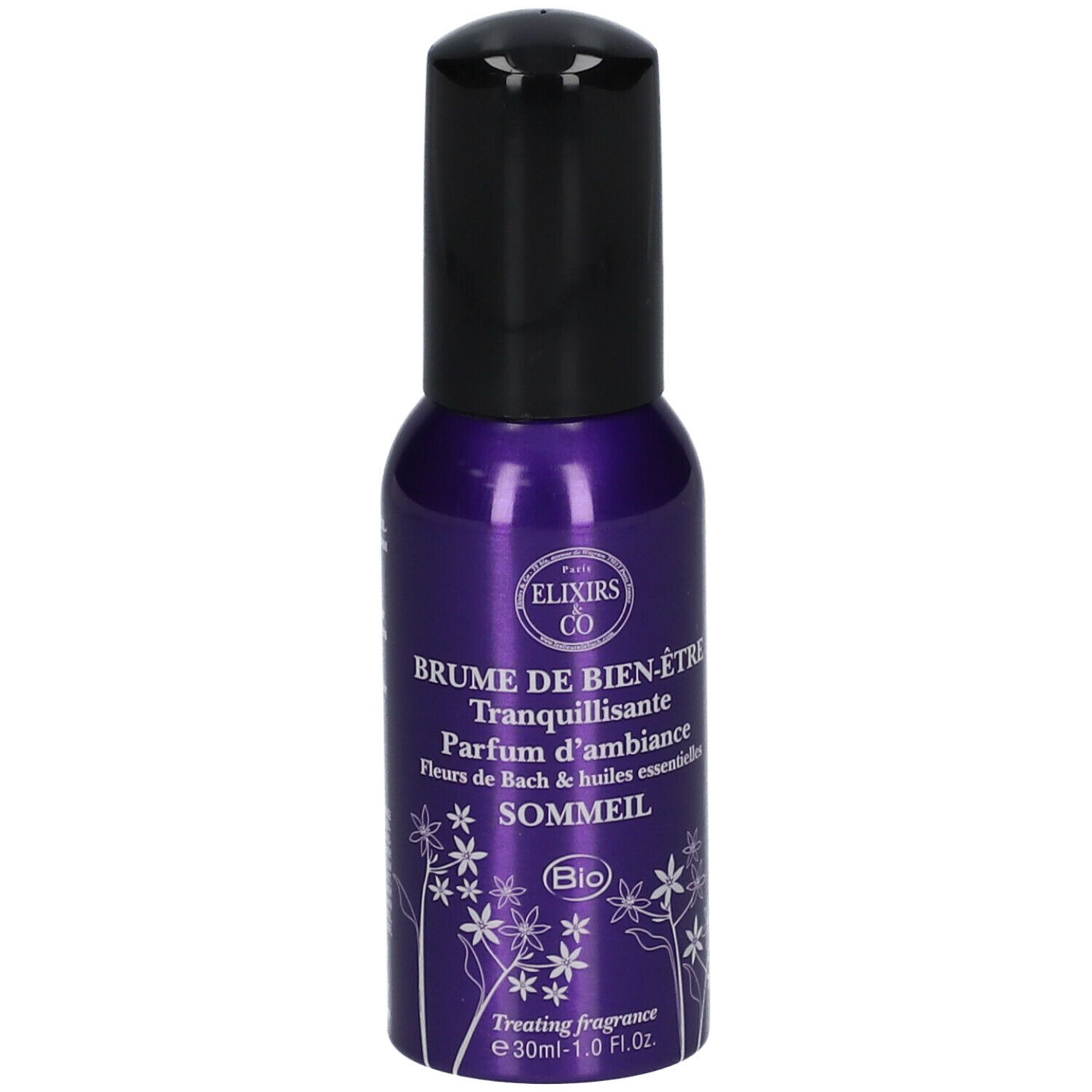 Flacon spray violet avec bouchon noir. Inscription: Brume de bien-être, Tranquillisante, Parfum d'ambiance, Fleurs de Bach, Sommeil. Texte au dos.