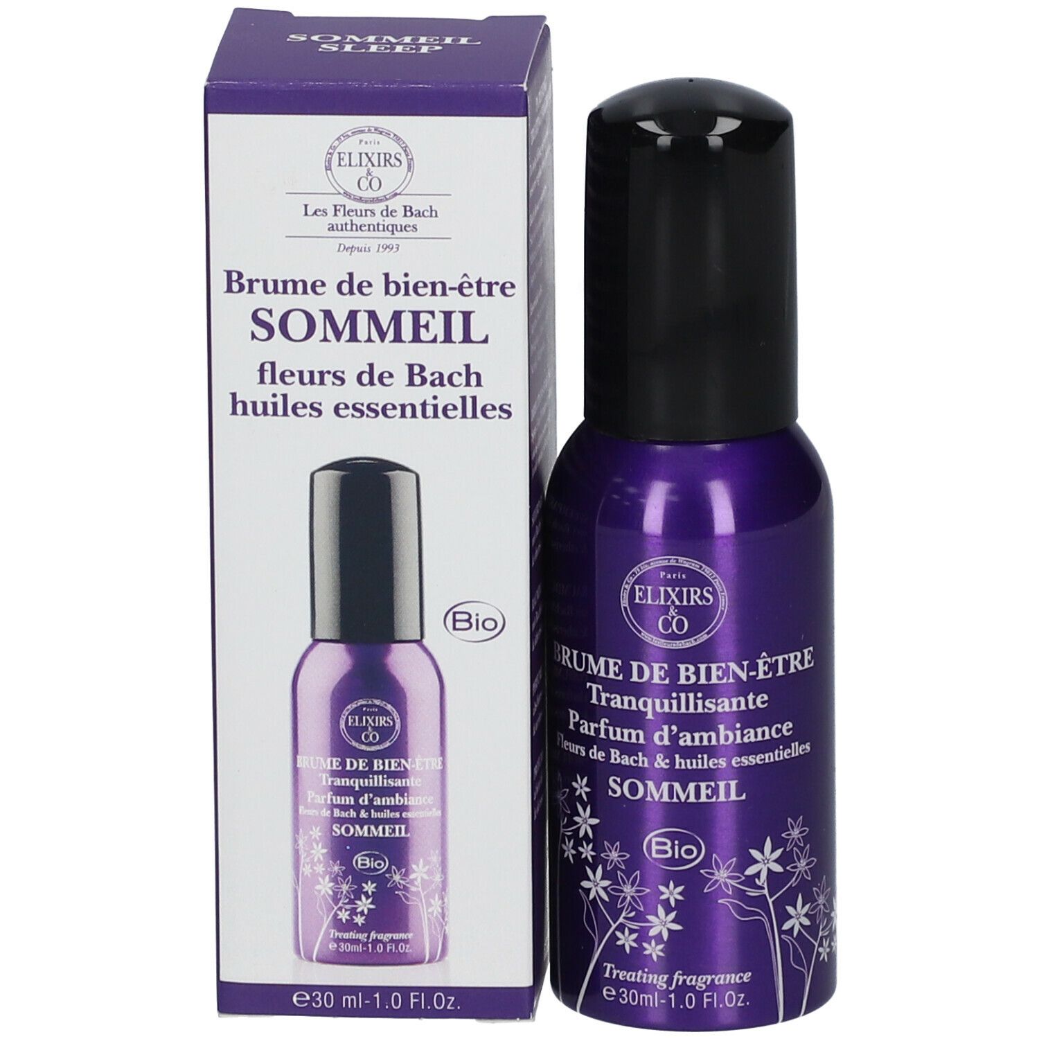 Produit et emballage. Flacon spray violet avec bouchon noir et boîte. Inscription: Brume de bien-être, Sommeil.
