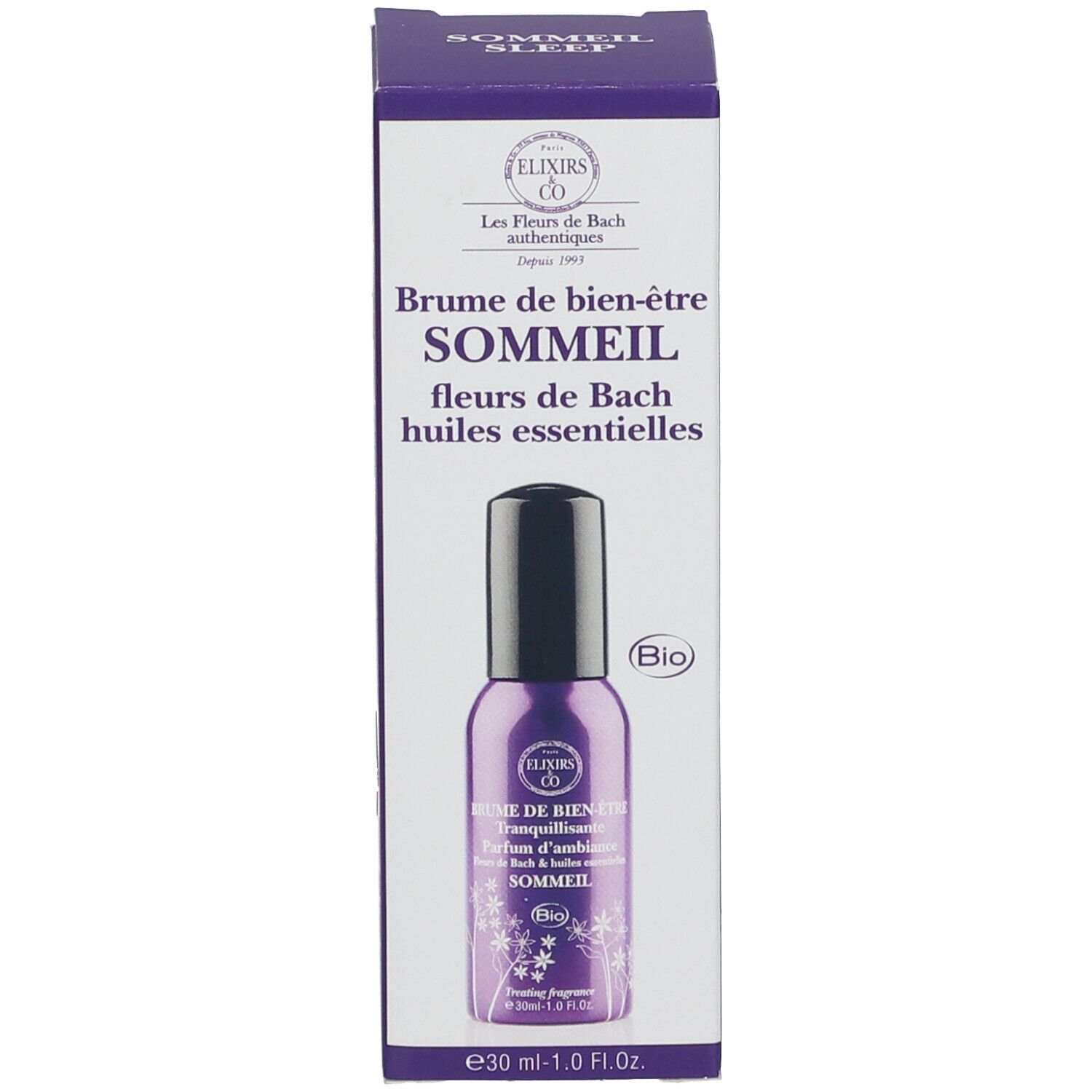 Produit et emballage. Flacon spray violet avec bouchon noir et boîte. Inscription: Brume de bien-être, Sommeil.