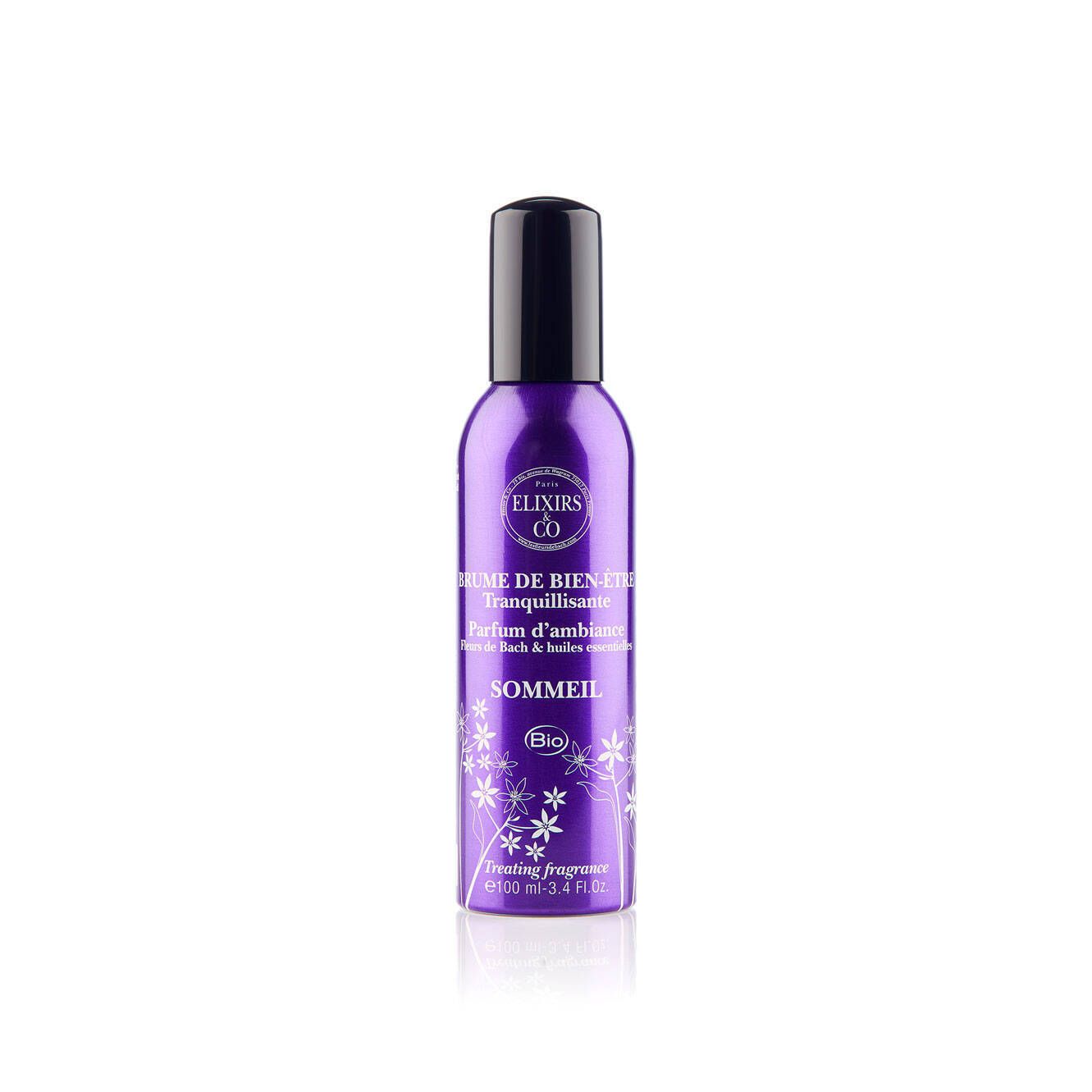 Flacon spray violet, bouchon noir. Inscription: Elixirs & Co, Brume de bien-être, Sommeil. Label Bio.