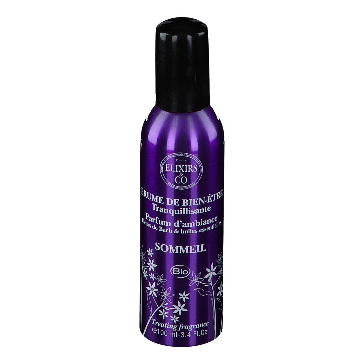 Flacon spray violet, bouchon noir. Inscription: Elixirs & Co, Brume de bien-être, Sommeil. Label Bio.
