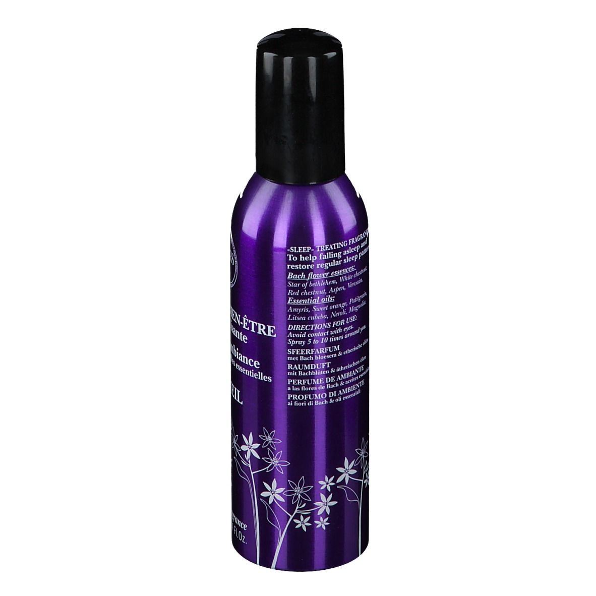 Flacon spray violet, bouchon noir. Inscription: Elixirs & Co, Brume de bien-être, Sommeil. Label Bio.