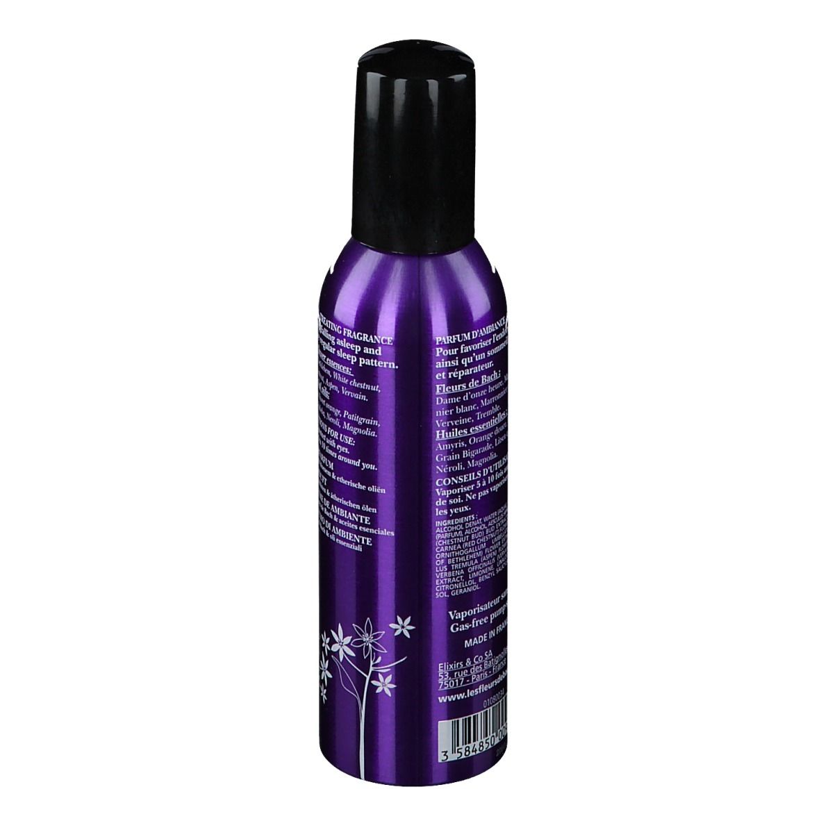 Flacon spray violet, bouchon noir. Inscription: Elixirs & Co, Brume de bien-être, Sommeil. Label Bio.