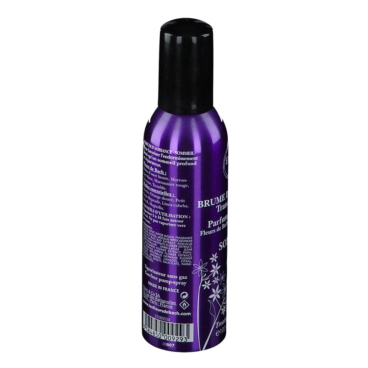 Flacon spray violet, bouchon noir. Inscription: Elixirs & Co, Brume de bien-être, Sommeil. Label Bio.