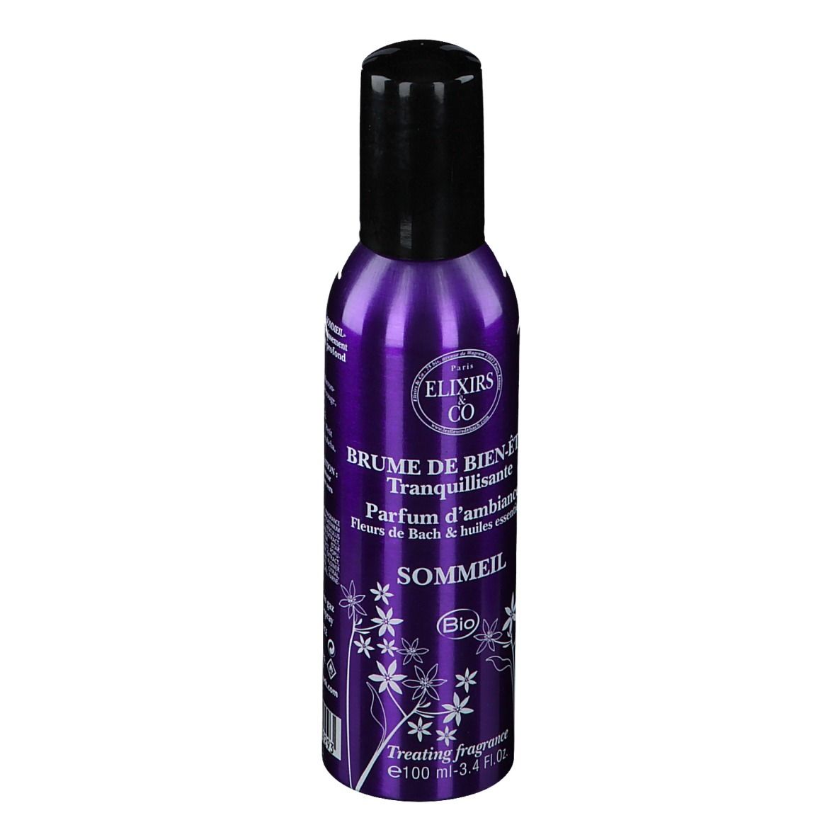 Flacon spray violet, bouchon noir. Inscription: Elixirs & Co, Brume de bien-être, Sommeil. Label Bio.