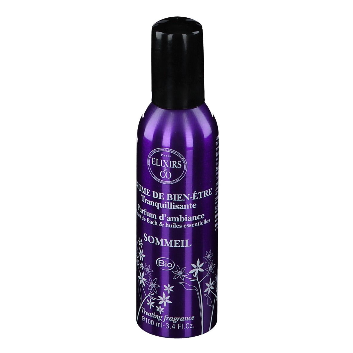 Flacon spray violet, bouchon noir. Inscription: Elixirs & Co, Brume de bien-être, Sommeil. Label Bio.