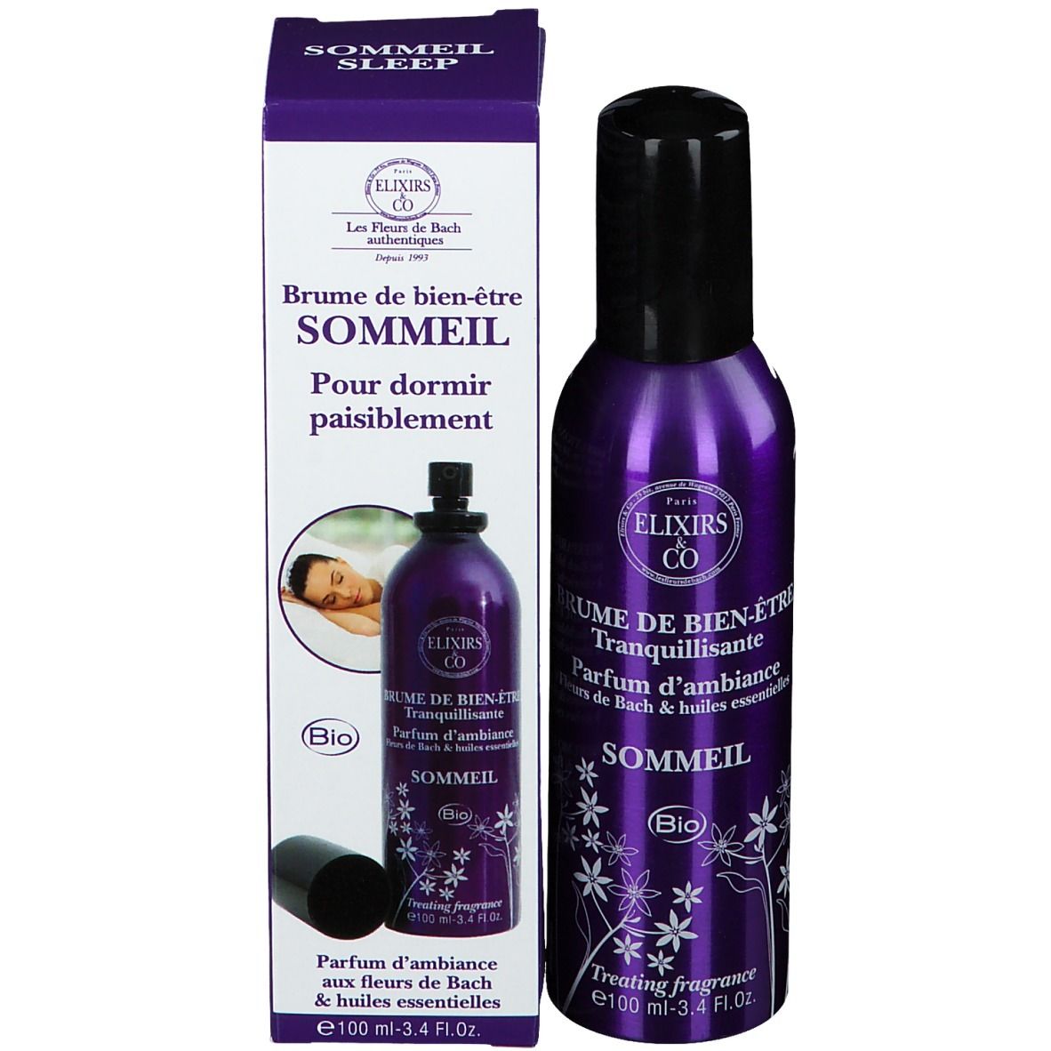 Flacon spray violet et emballage. Inscription: Elixirs & Co, Brume de bien-être, Sommeil. Label Bio. Bouchon noir.