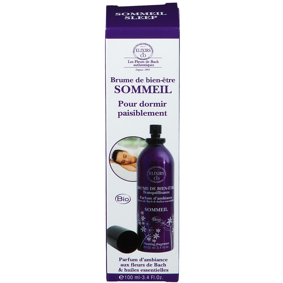 Flacon spray violet et emballage. Inscription: Elixirs & Co, Brume de bien-être, Sommeil. Label Bio. Bouchon noir.