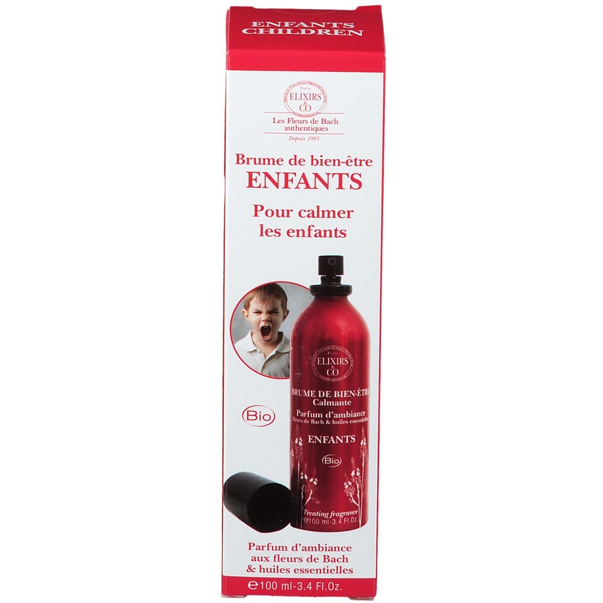 Rode spuitfles en verpakking. Tekst: Elixirs & Co, Brume de Bien-Être Enfants Bio. Bio-certificering.