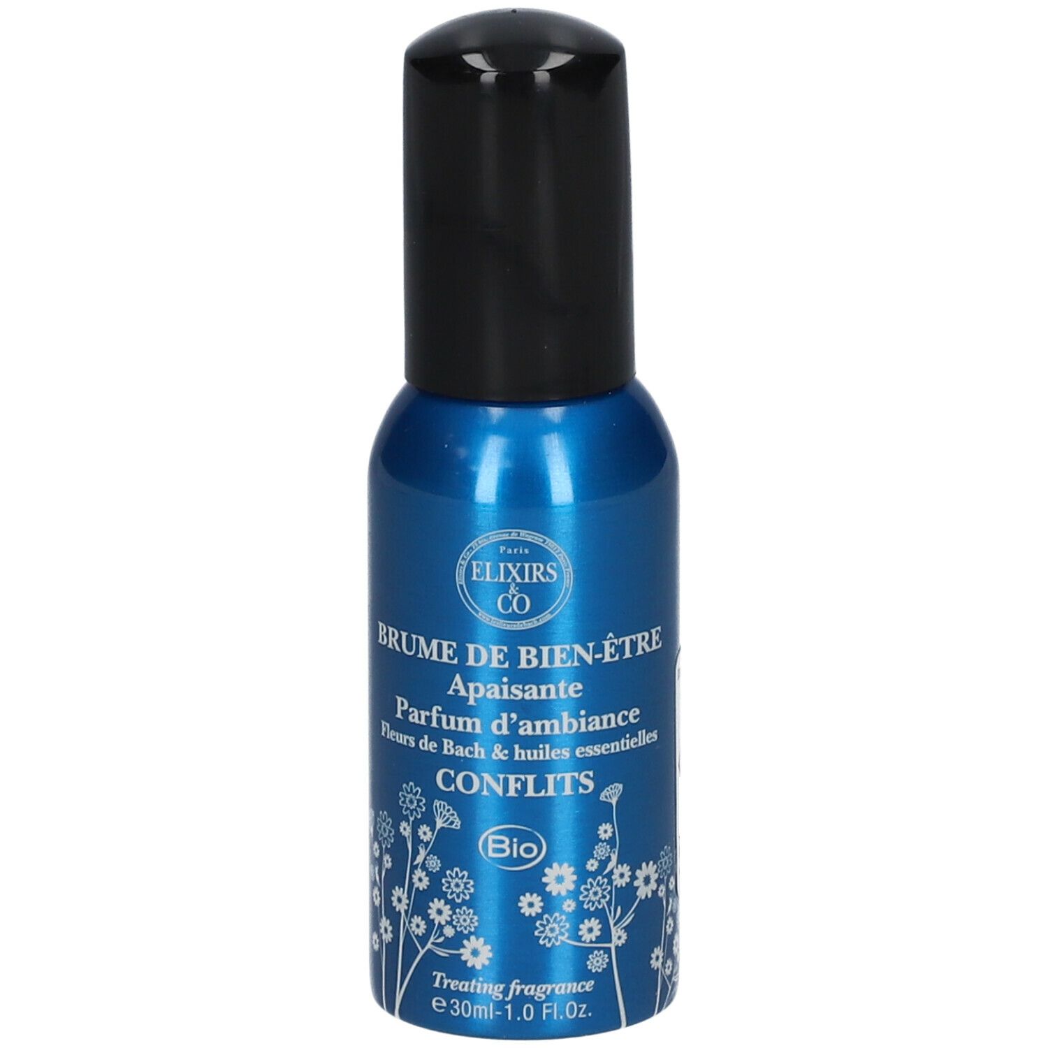 Blaue Sprühflasche mit schwarzem Deckel. Aufschrift: Brume de bien-être, Konflikte, Bio. 30ml.