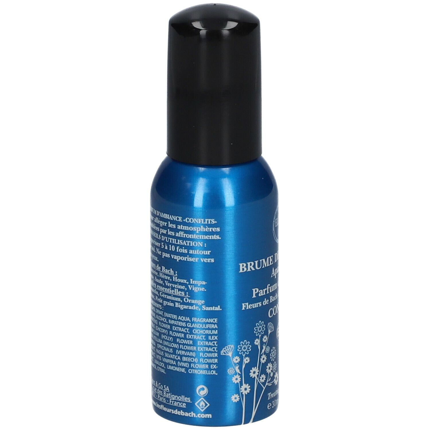 Blaue Sprühflasche mit schwarzem Deckel. Aufschrift: Brume de bien-être, Konflikte, Bio. 30ml. Rückseite mit Text.
