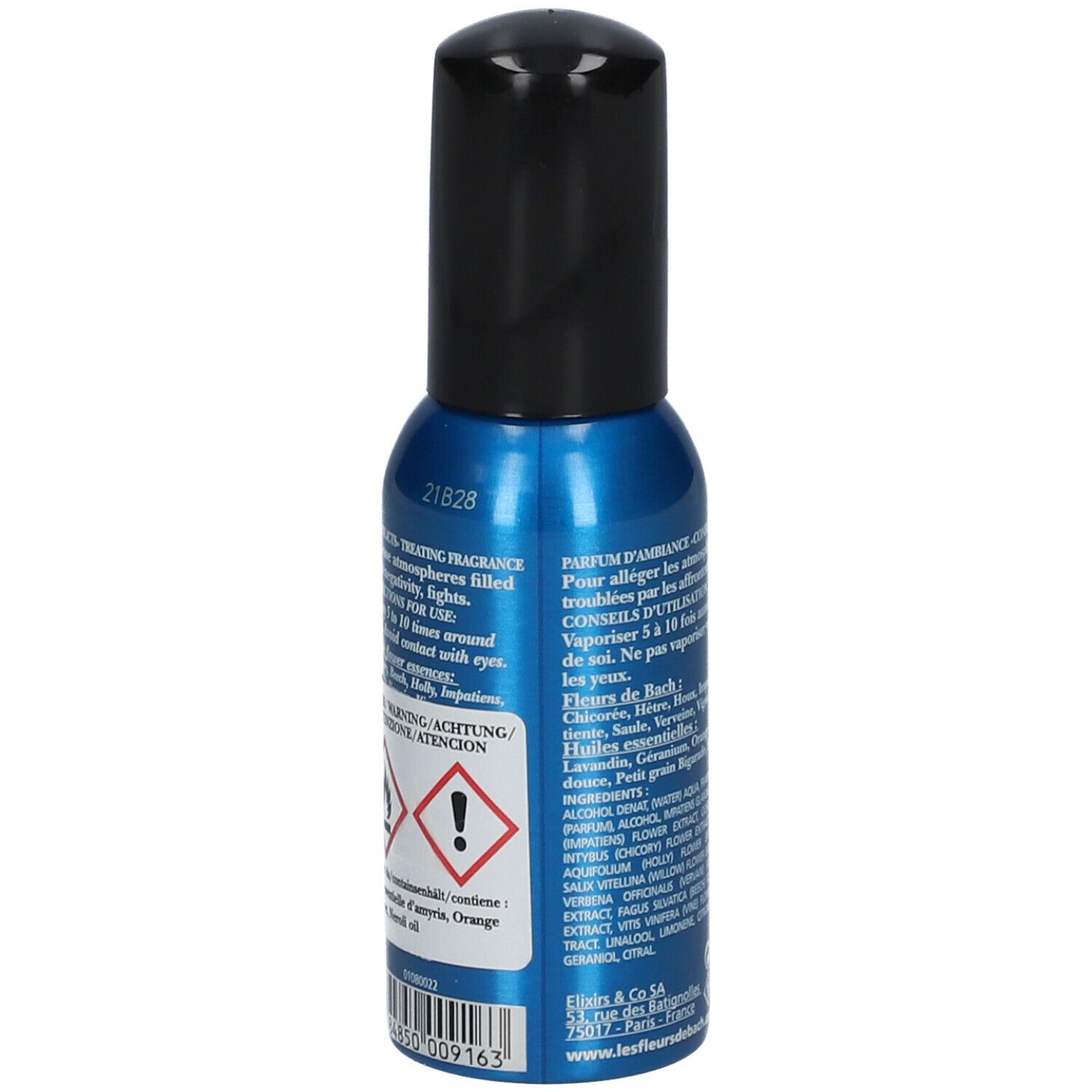 Blaue Sprühflasche mit schwarzem Deckel. Aufschrift: Brume de bien-être, Konflikte, Bio. 30ml. Rückseite mit Text und Symbolen.