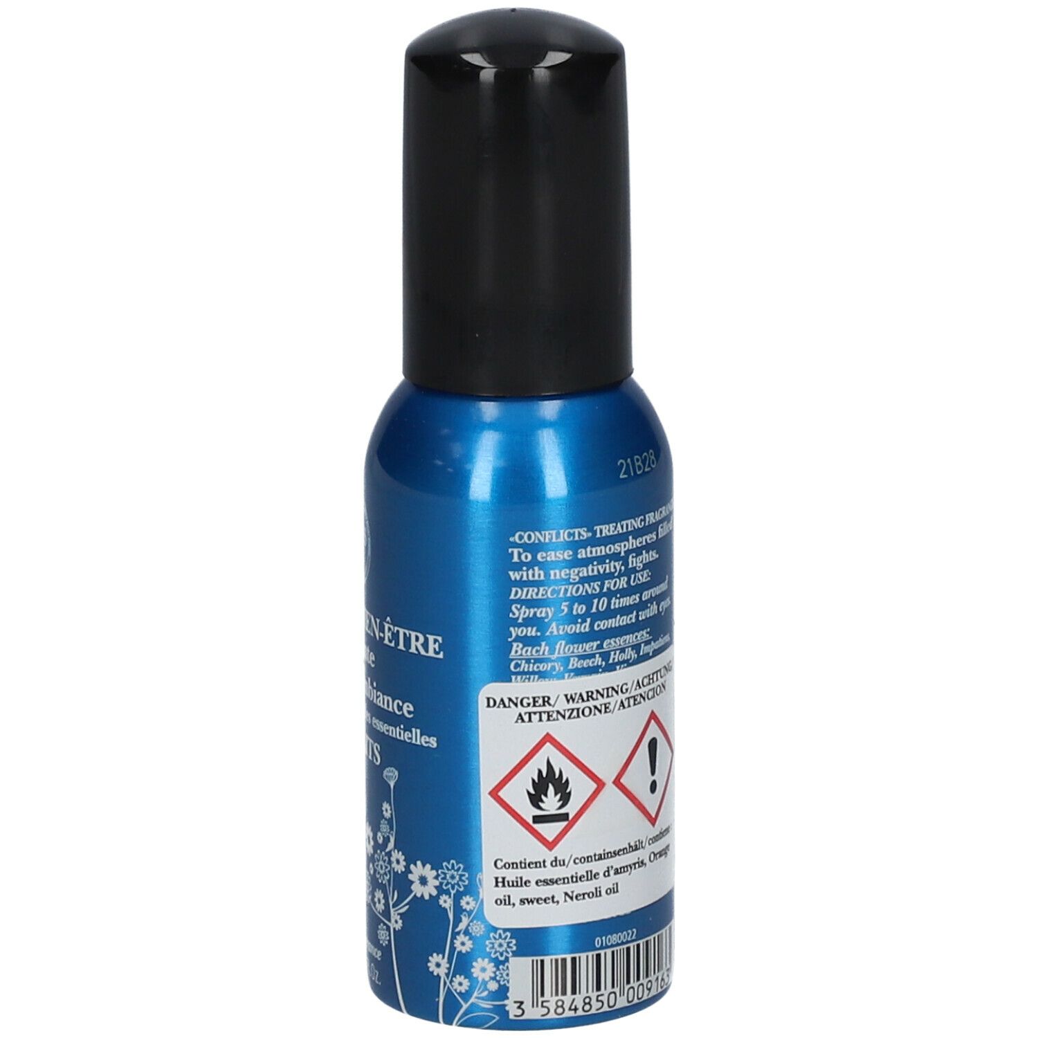 Blaue Sprühflasche mit schwarzem Deckel. Aufschrift: Brume de bien-être, Konflikte, Bio. 30ml. Rückseite mit Text und Symbolen.