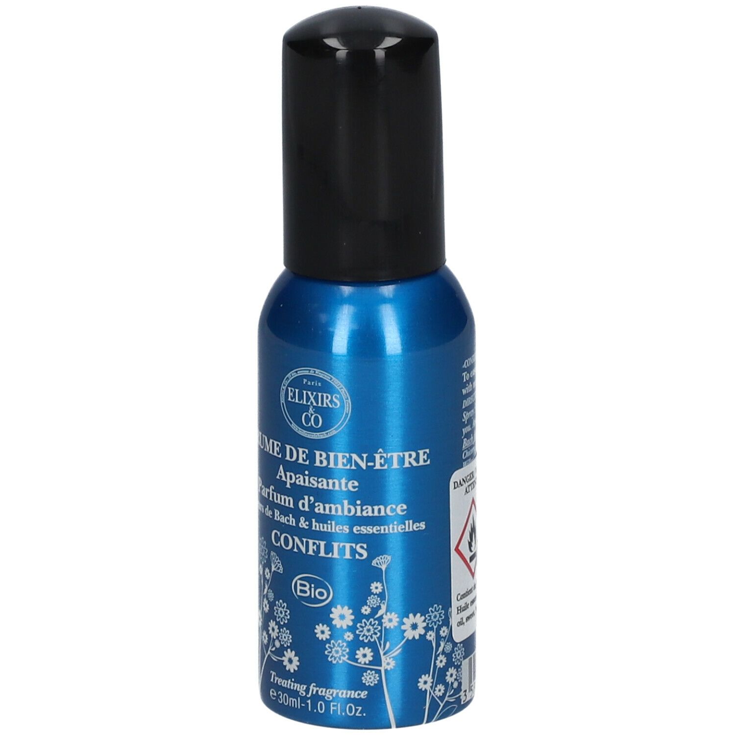 Blaue Sprühflasche mit schwarzem Deckel. Aufschrift: Brume de bien-être, Konflikte, Bio. 30ml.