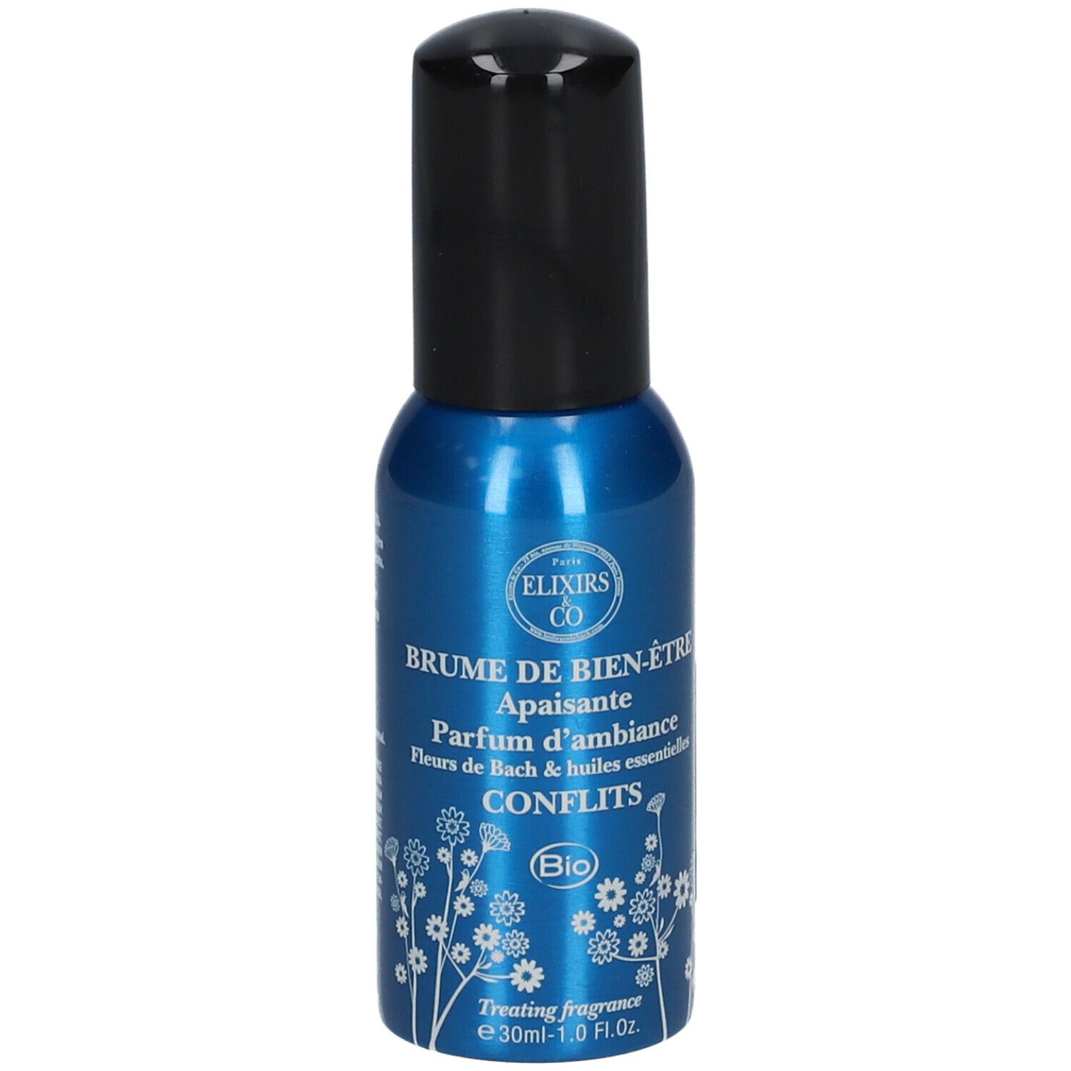 Blaue Sprühflasche mit schwarzem Deckel. Aufschrift: Brume de bien-être, Konflikte, Bio. 30ml.
