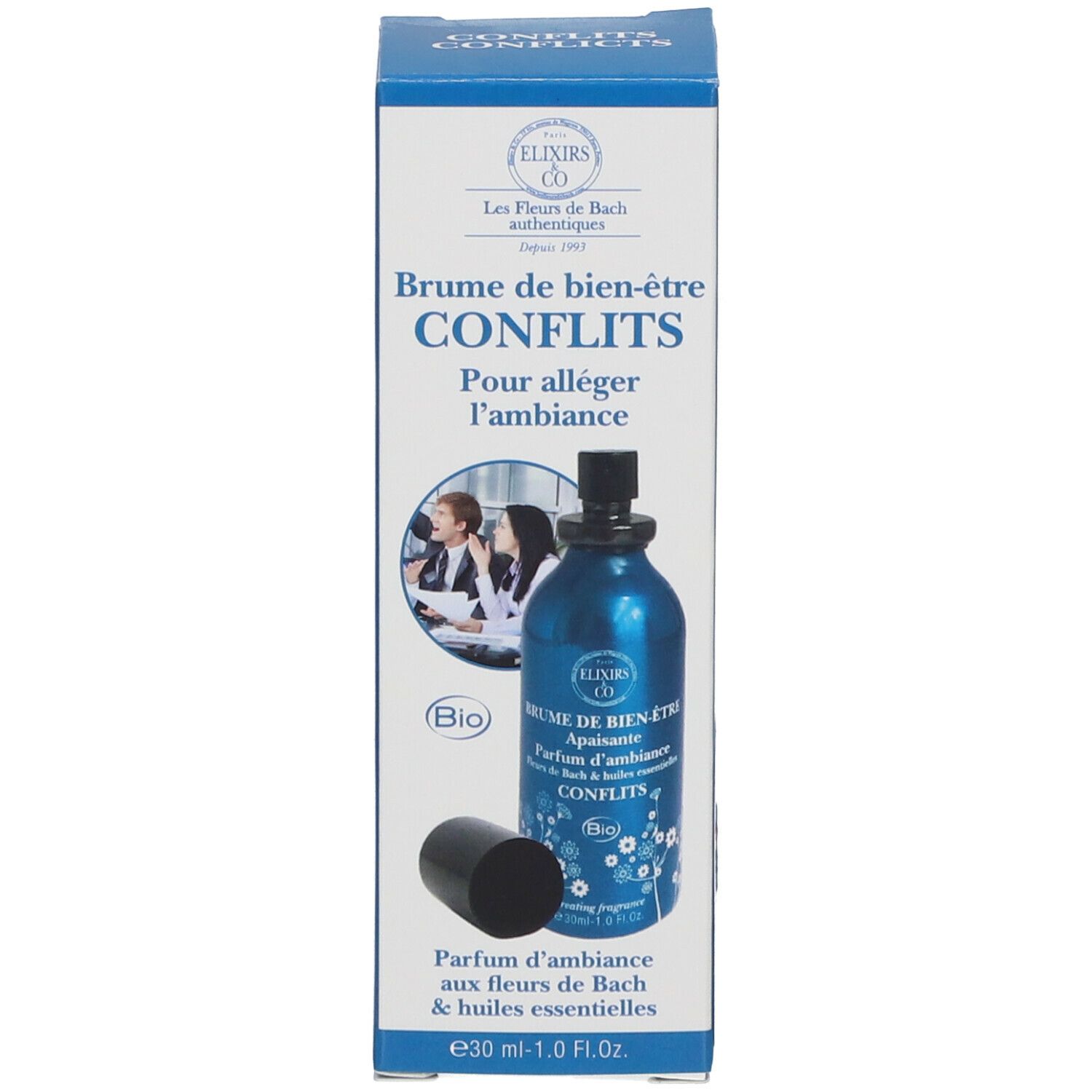 Produkt in Verpackung. Blaue Sprühflasche mit schwarzem Deckel. Aufschrift: Brume de bien-être, Konflikte, Bio.