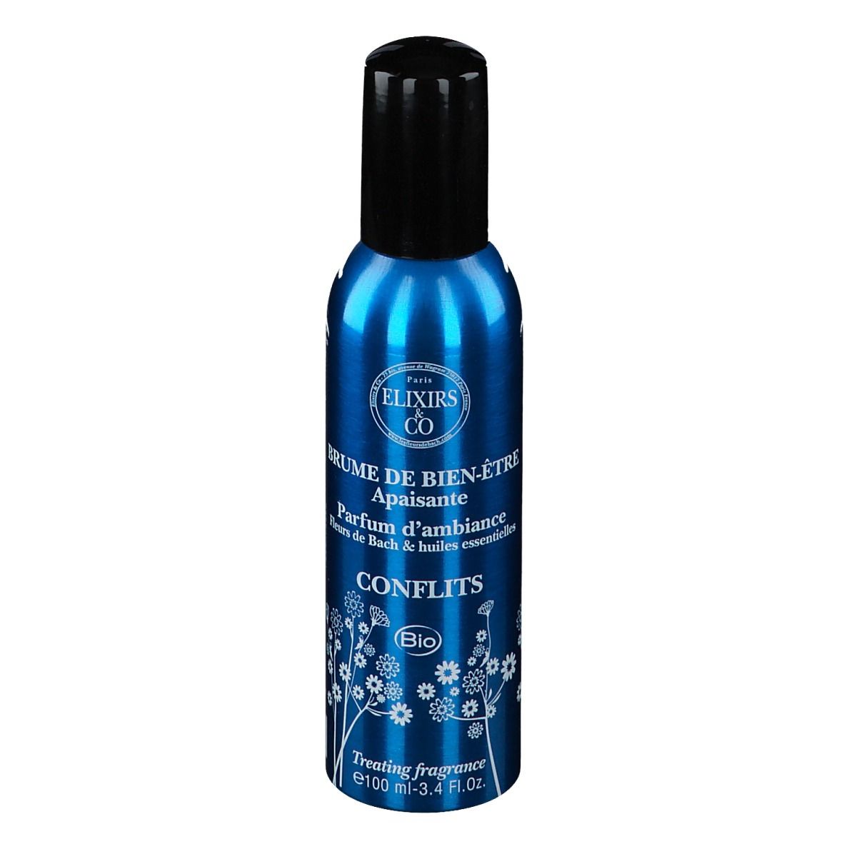 Blaues Spray mit schwarzem Deckel. Aufschrift: Elixirs & Co, Brume de Bien-Être, Conflits Bio.