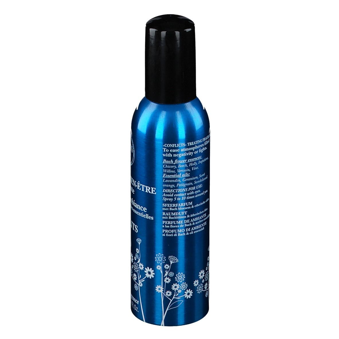 Blaues Spray mit schwarzem Deckel. Text auf Französisch. Aufschrift: Elixirs & Co, Brume de Bien-Être, Conflits Bio.