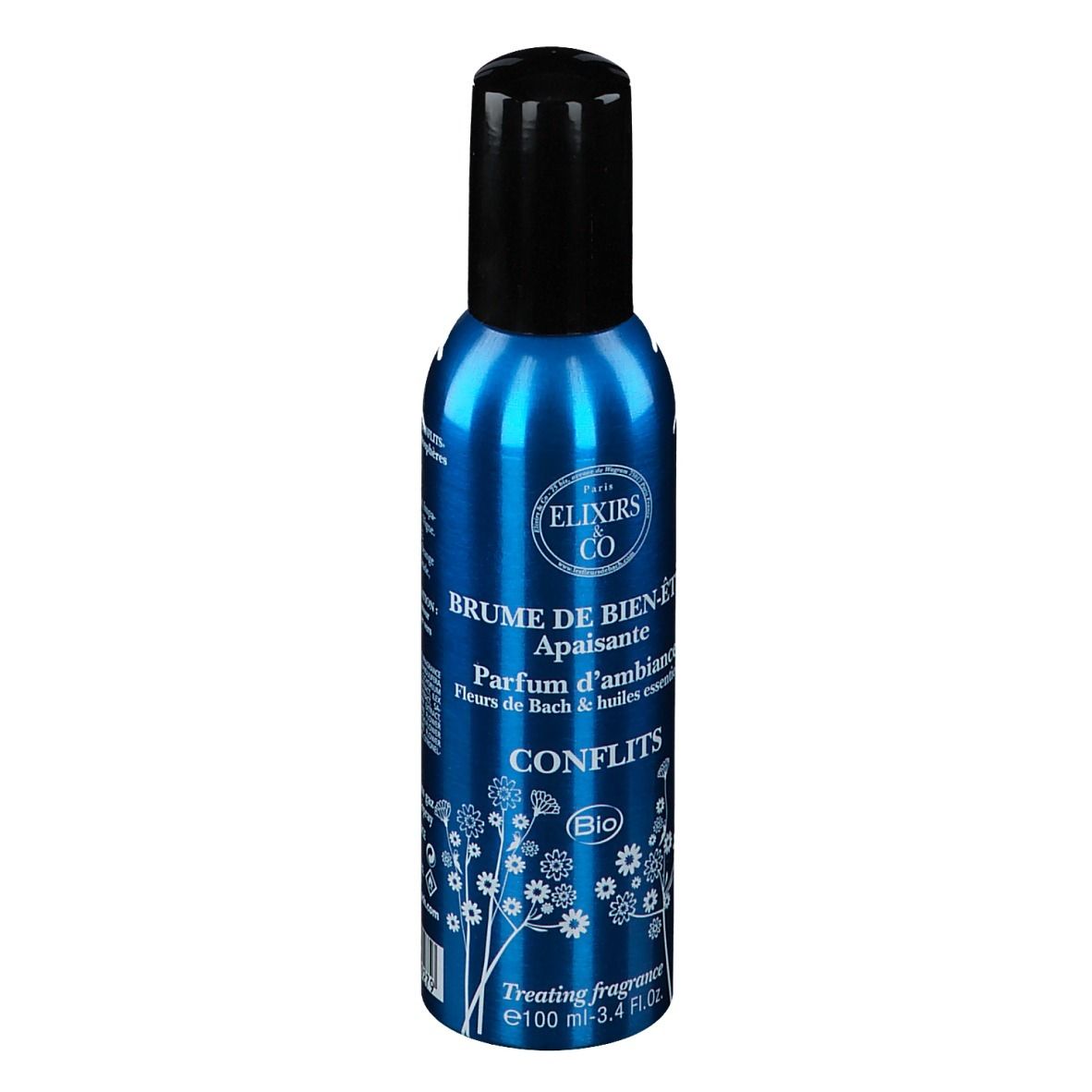 Blaues Spray mit schwarzem Deckel. Aufschrift: Elixirs & Co, Brume de Bien-Être, Conflits Bio.