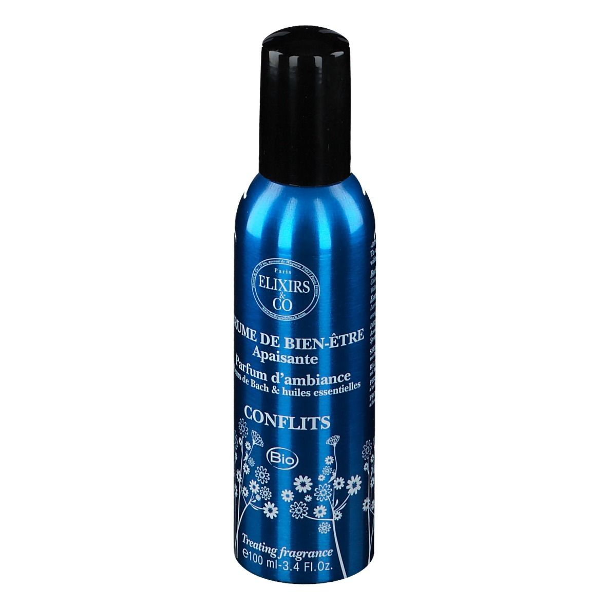 Blaues Spray mit schwarzem Deckel. Aufschrift: Elixirs & Co, Brume de Bien-Être, Conflits Bio.