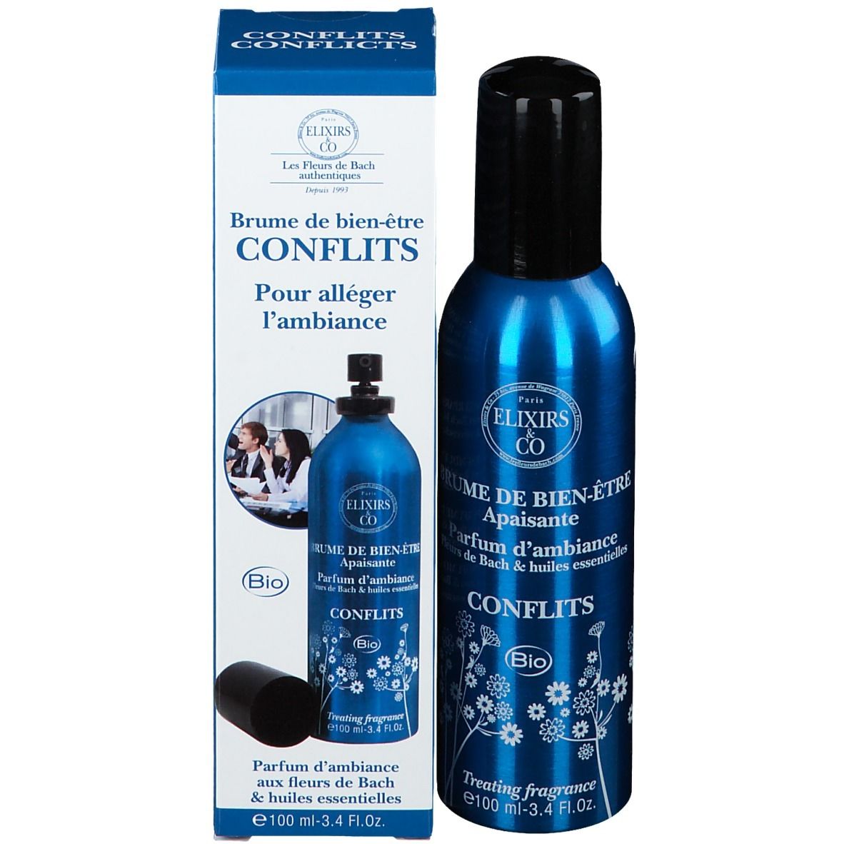 Produkt und Verpackung. Blaues Spray mit schwarzem Deckel und Karton. Aufschrift: Elixirs & Co, Conflits.