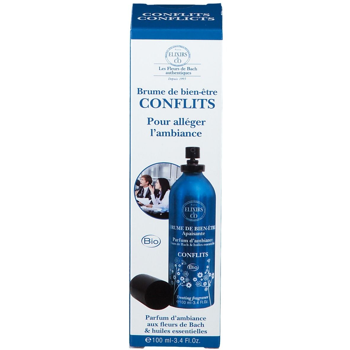 Produkt und Verpackung. Blaues Spray mit schwarzem Deckel und Karton. Aufschrift: Elixirs & Co, Conflits.