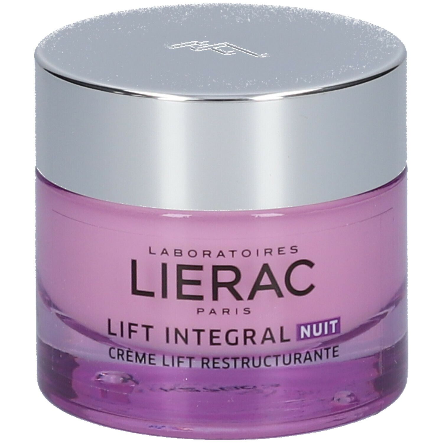 Crèmepot met zilveren deksel. Opschrift: LIERAC PARIS, LIFT INTEGRAL NUIT, Crème Lift Restructurante.