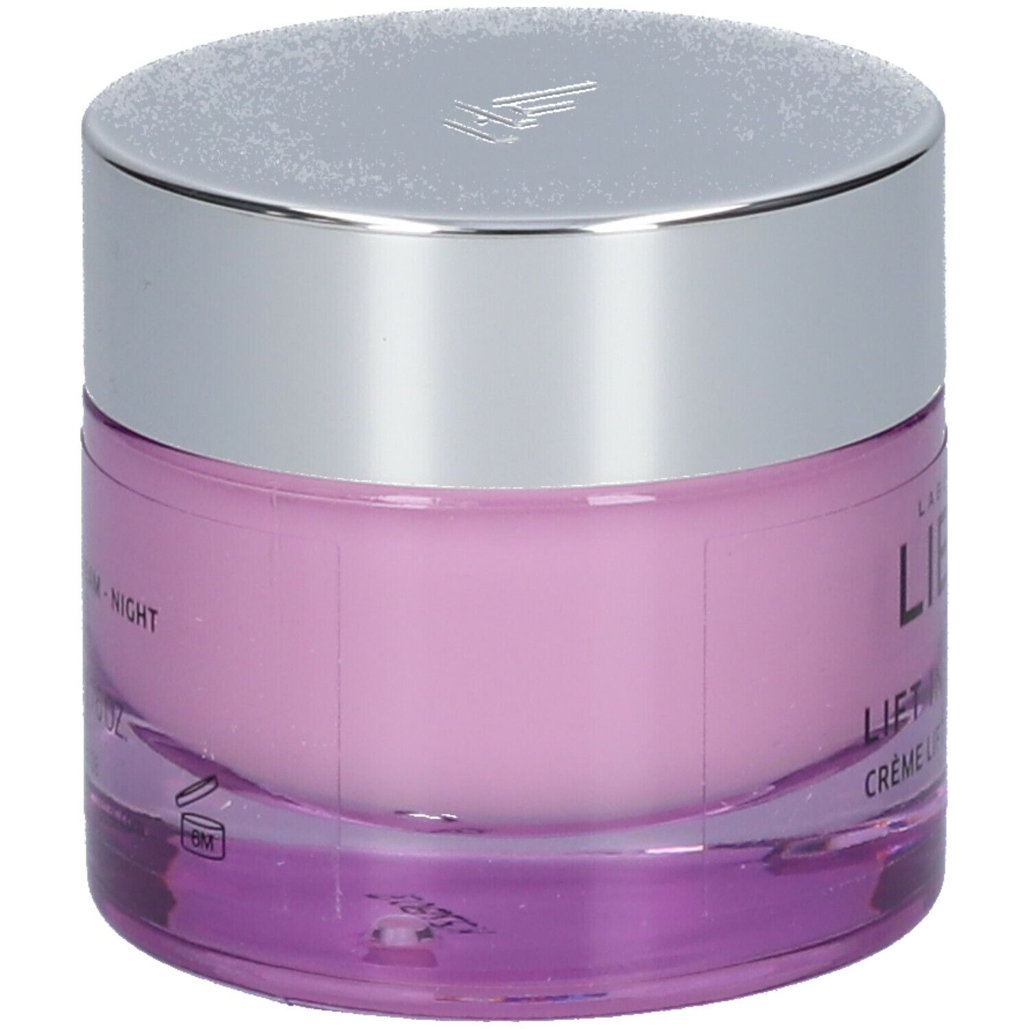 Crèmepot met zilveren deksel. Opschrift: LIERAC PARIS, LIFT INTEGRAL NUIT, Crème Lift Restructurante.