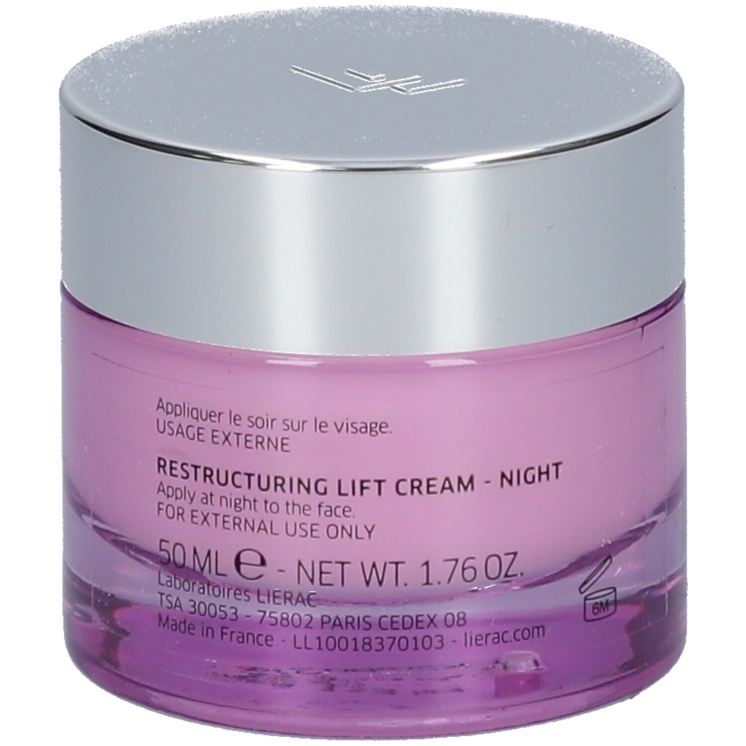 Crèmepot met zilveren deksel. Opschrift: LIERAC PARIS, LIFT INTEGRAL NUIT, Crème Lift Restructurante. Tekst op achterkant.