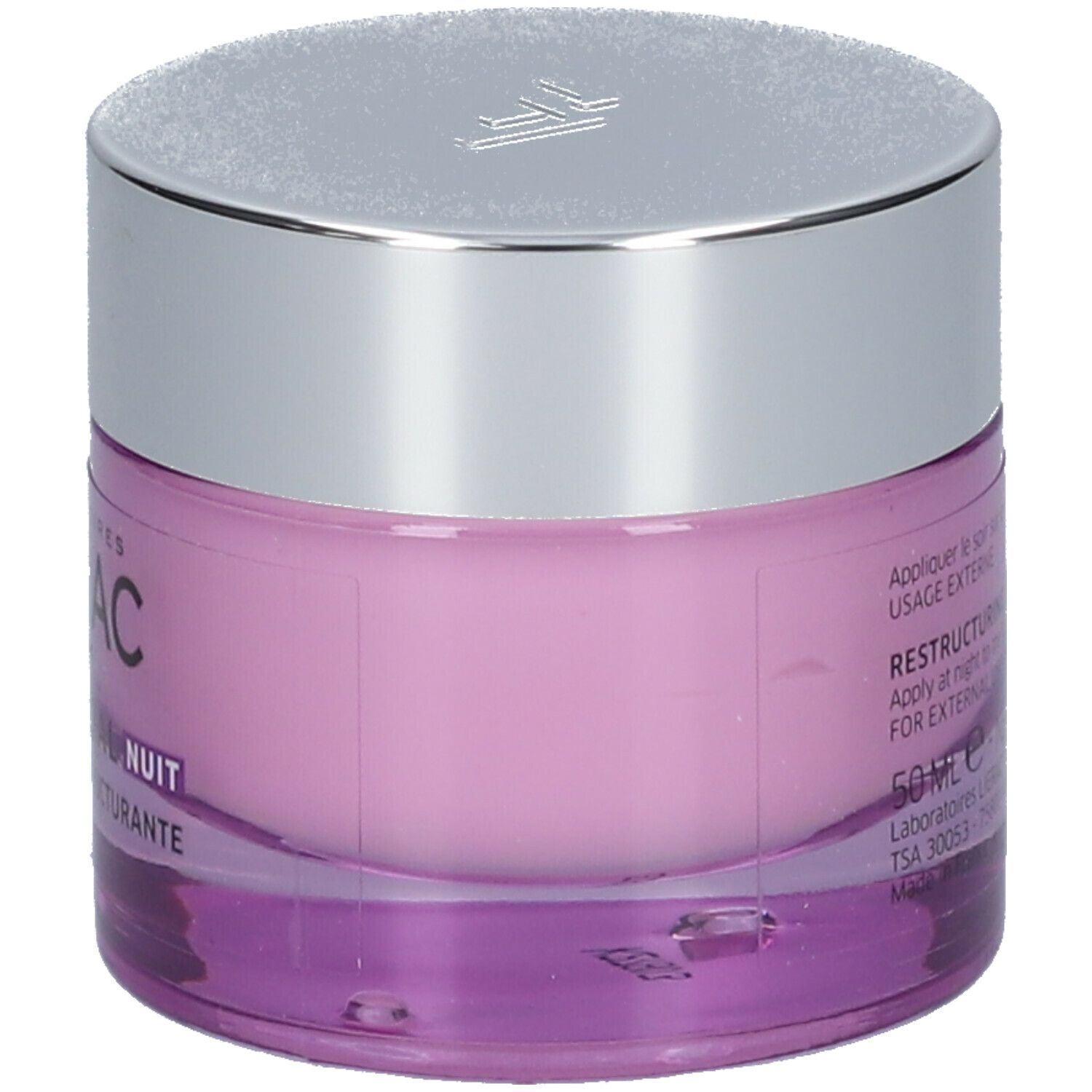 Crèmepot met zilveren deksel. Opschrift: LIERAC PARIS, LIFT INTEGRAL NUIT, Crème Lift Restructurante. Tekst op achterkant.