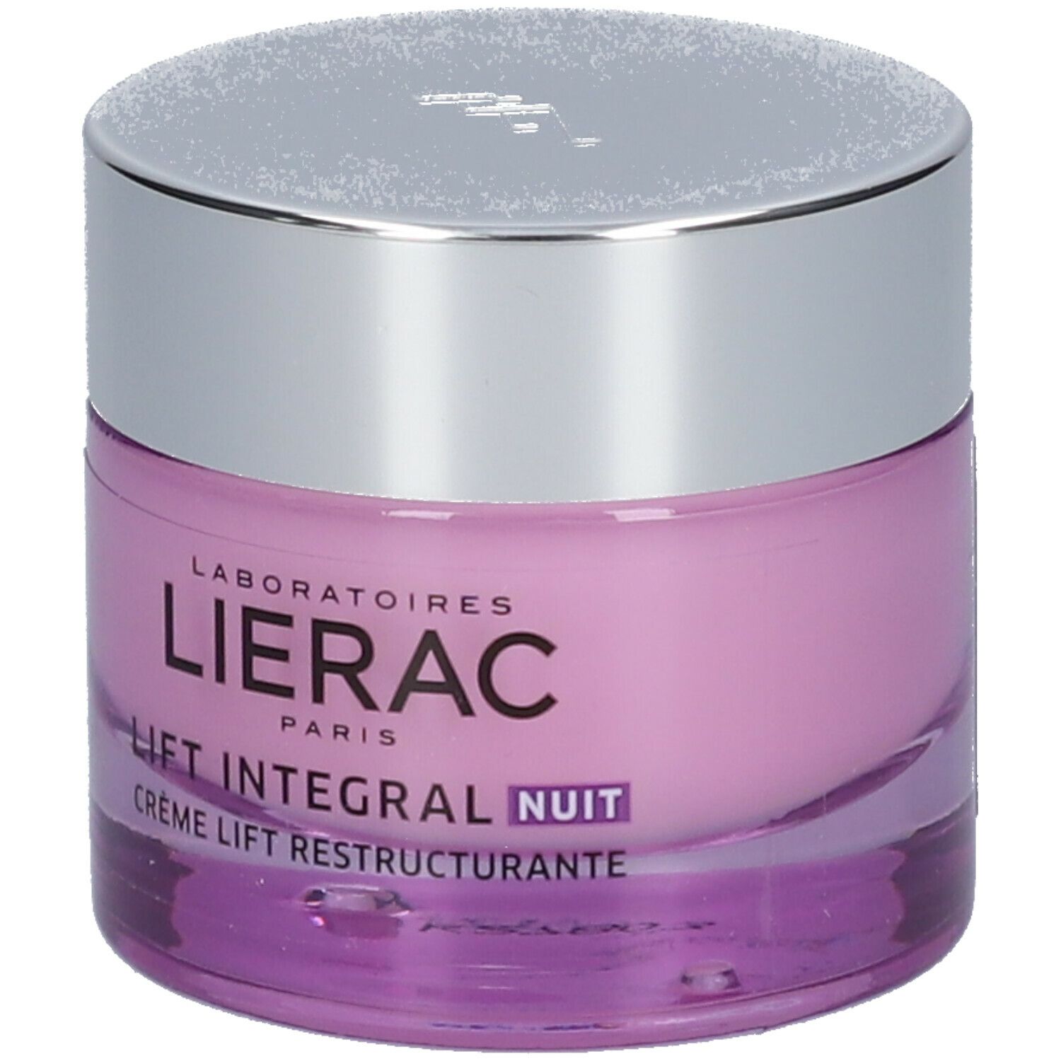 Crèmepot met zilveren deksel. Opschrift: LIERAC PARIS, LIFT INTEGRAL NUIT, Crème Lift Restructurante.