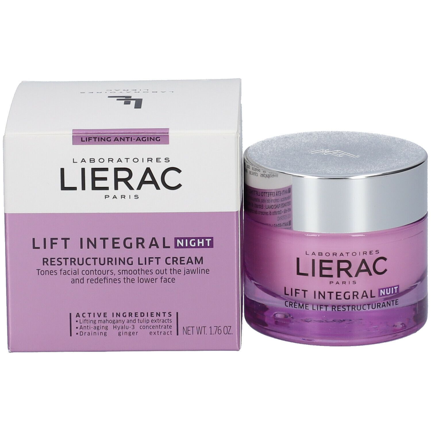 Crèmepot en verpakking. Opschrift: LIERAC PARIS, LIFT INTEGRAL NUIT, Crème Lift Restructurante. Lifting Anti-Aging.