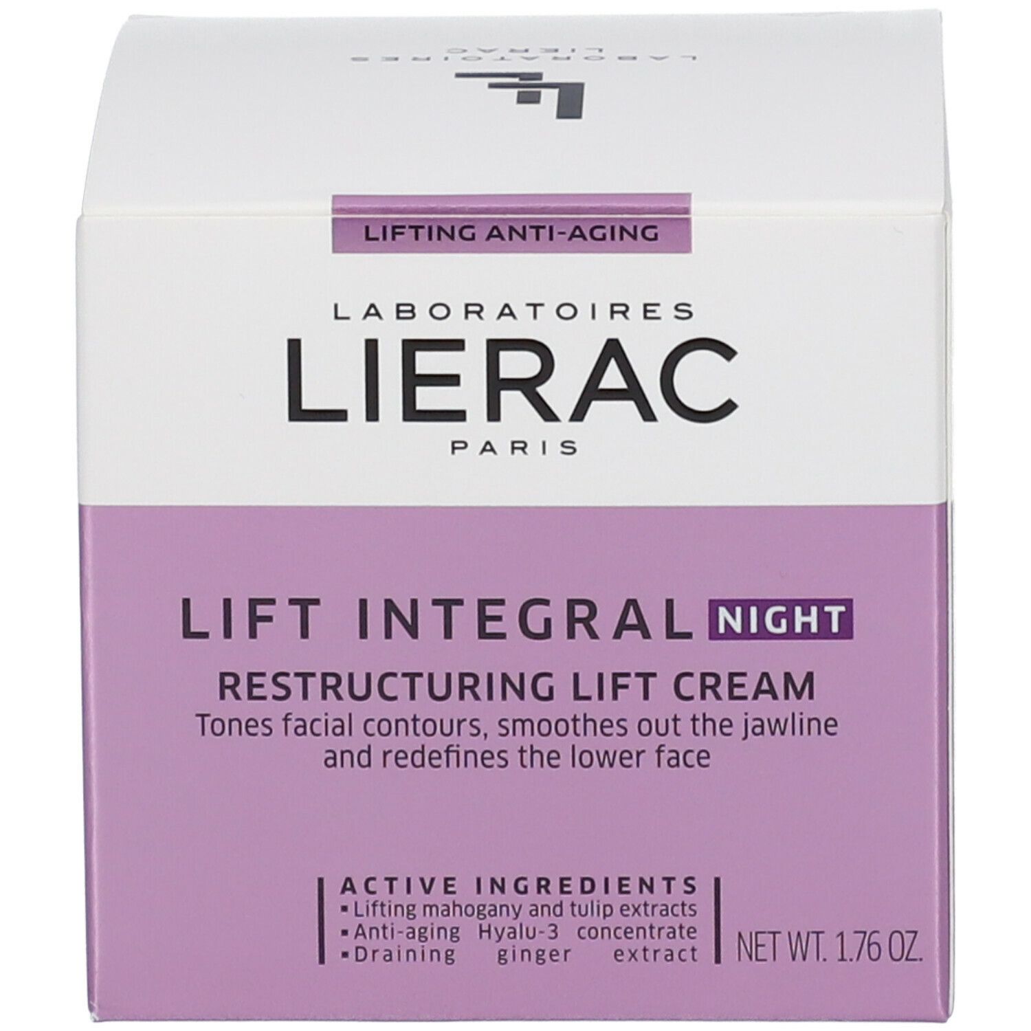 Verpakking. Opschrift: LIERAC PARIS, LIFT INTEGRAL NUIT, Crème Lift Restructurante. Lifting Anti-Aging. Ingrediënten.