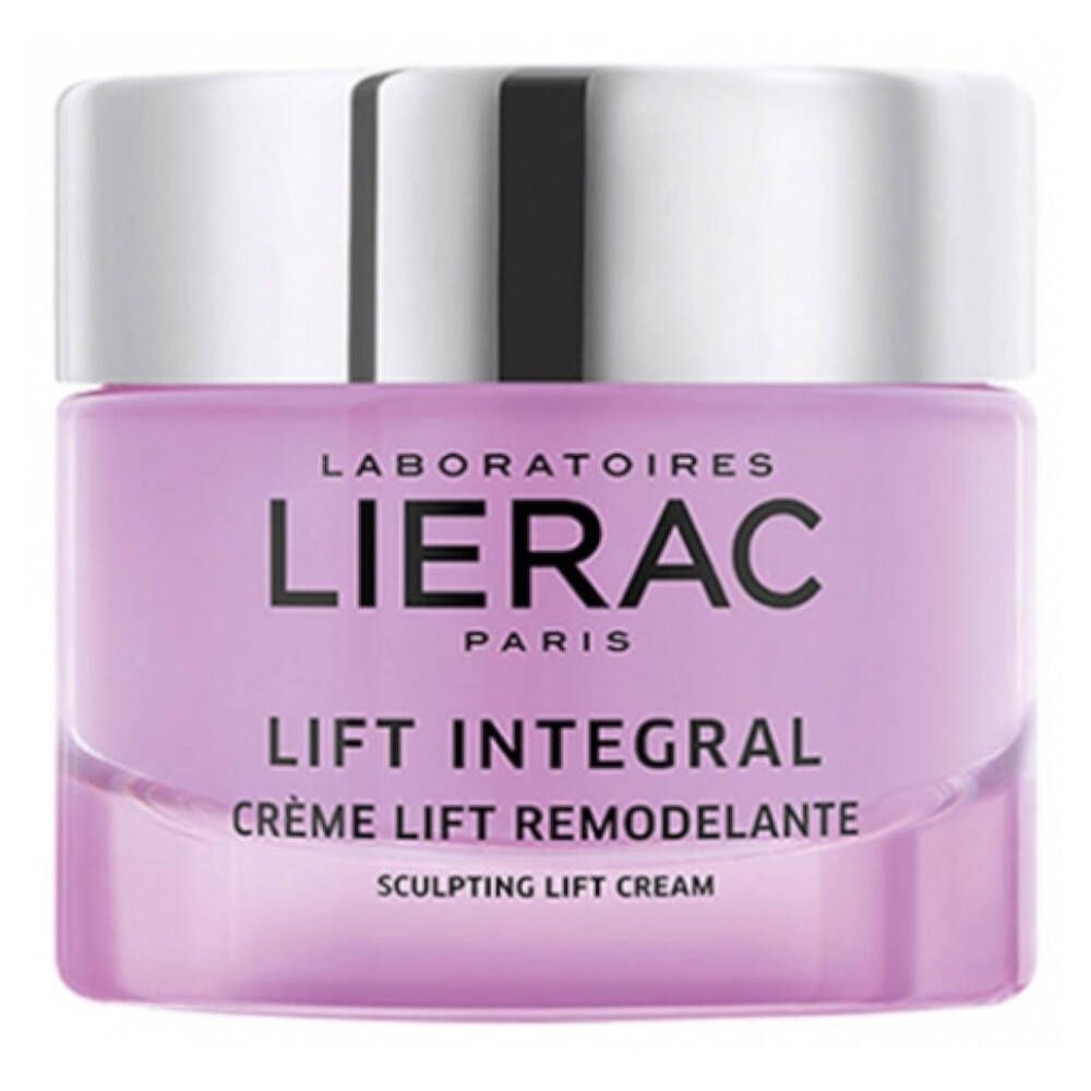 Pot de crème lilas avec couvercle argenté. Inscription: LIERAC PARIS, LIFT INTEGRAL, CRÈME LIFT REMODELANTE.