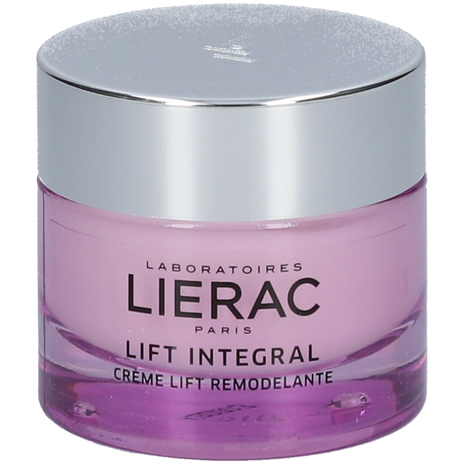 Pot de crème lilas avec couvercle argenté. Inscription: LIERAC PARIS, LIFT INTEGRAL, CRÈME LIFT REMODELANTE.