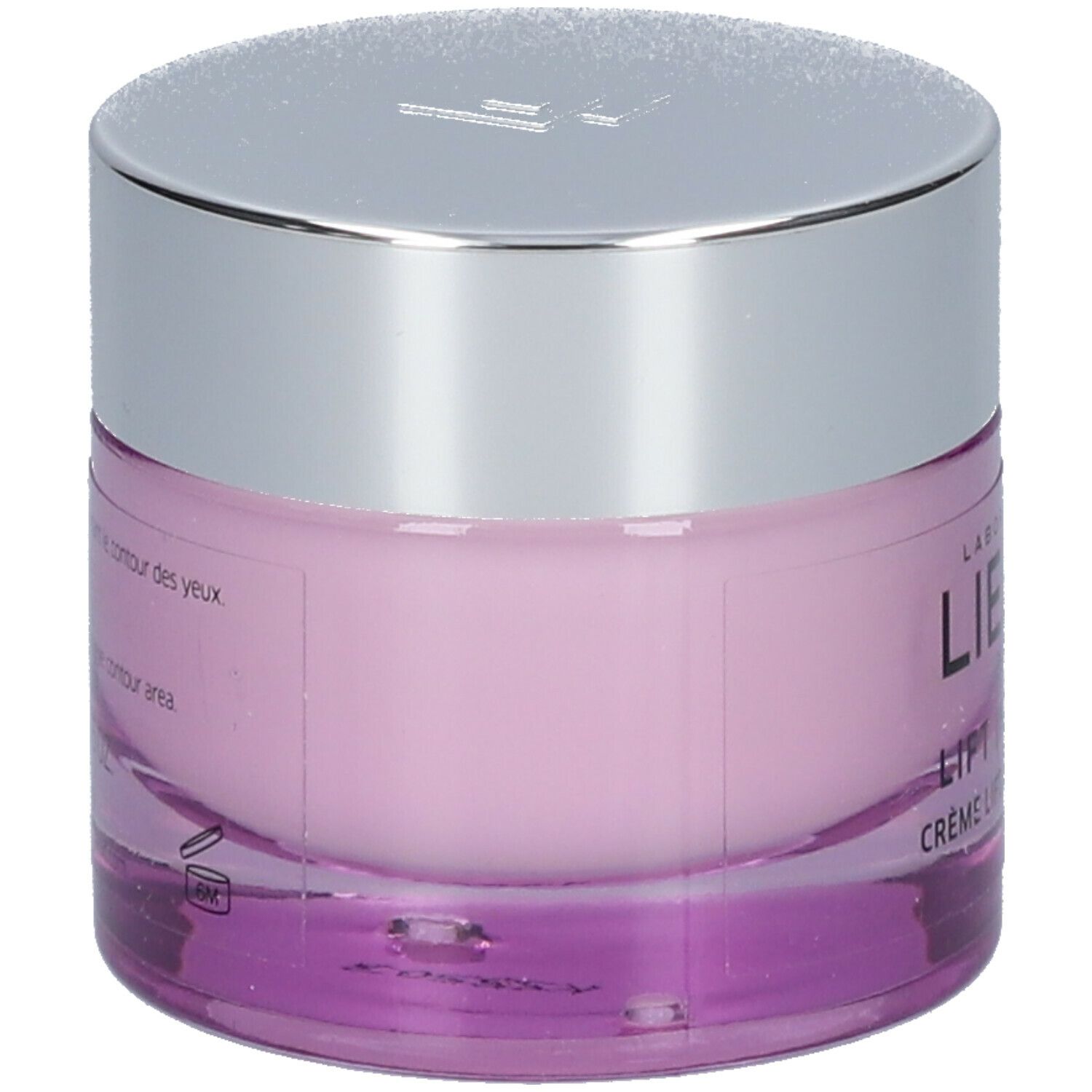 Pot de crème lilas avec couvercle argenté. Inscription: LIERAC PARIS, LIFT INTEGRAL, CRÈME LIFT REMODELANTE.