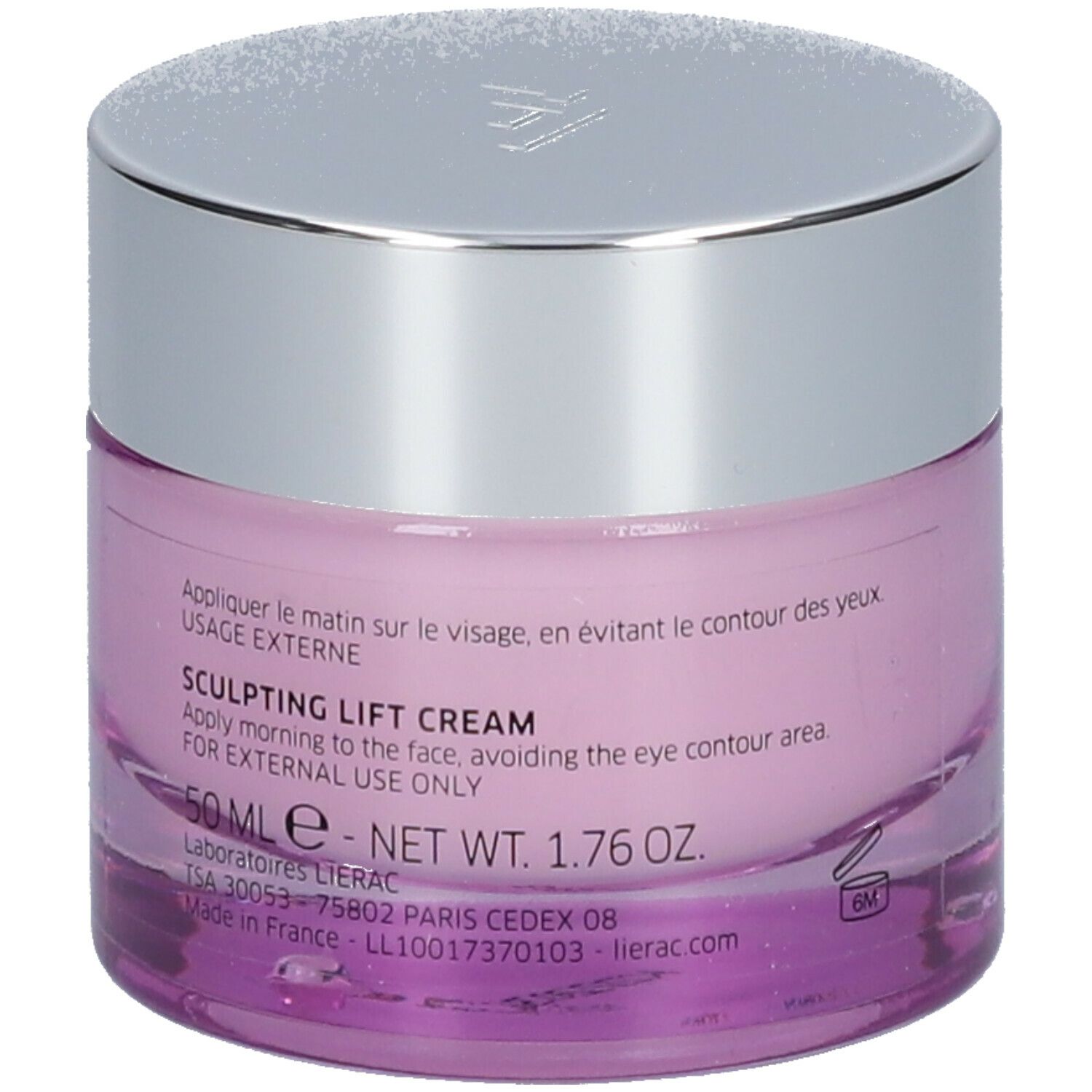 Pot de crème lilas avec couvercle argenté. Inscription: LIERAC PARIS, LIFT INTEGRAL, CRÈME LIFT REMODELANTE.