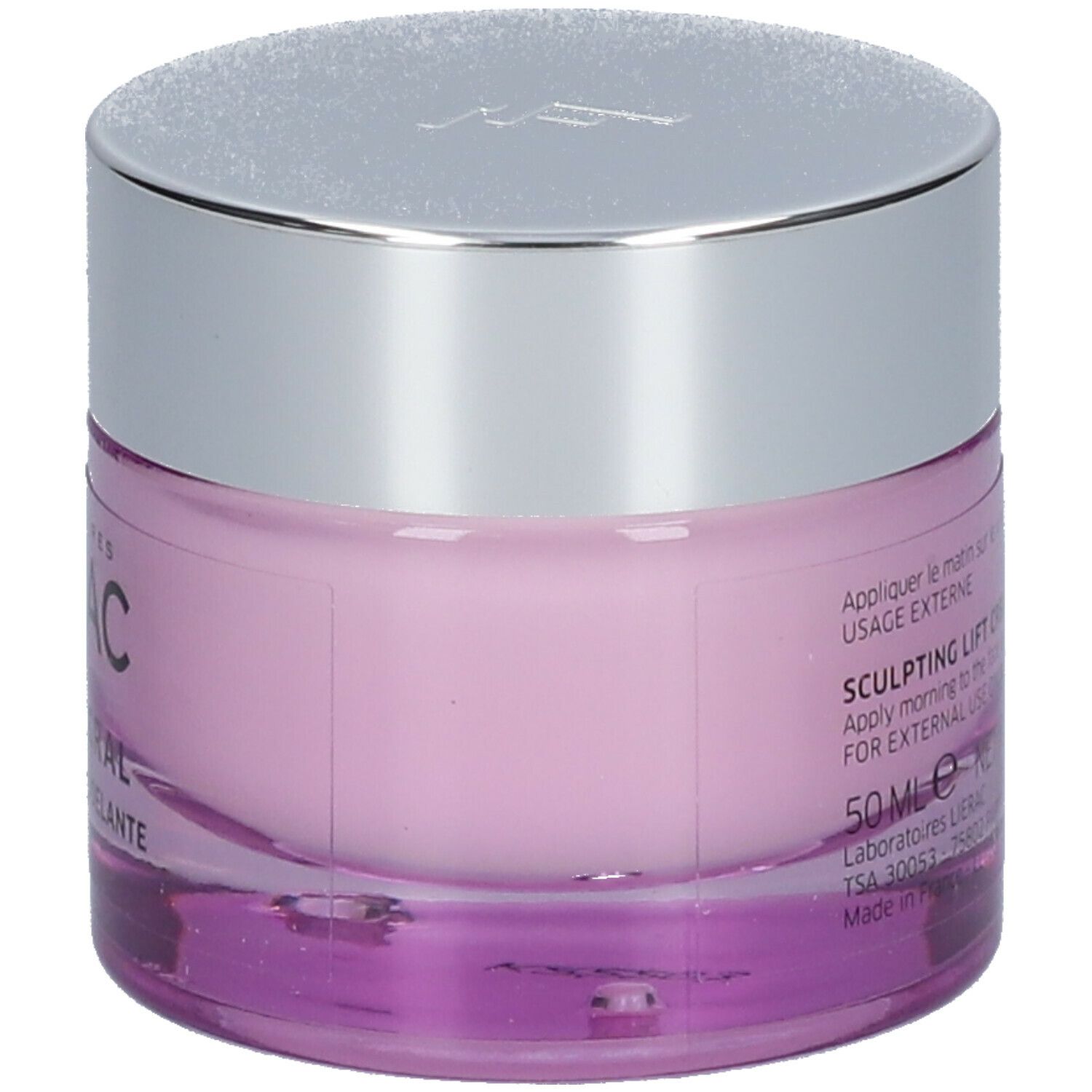 Pot de crème lilas avec couvercle argenté. Inscription: LIERAC PARIS, LIFT INTEGRAL, CRÈME LIFT REMODELANTE.