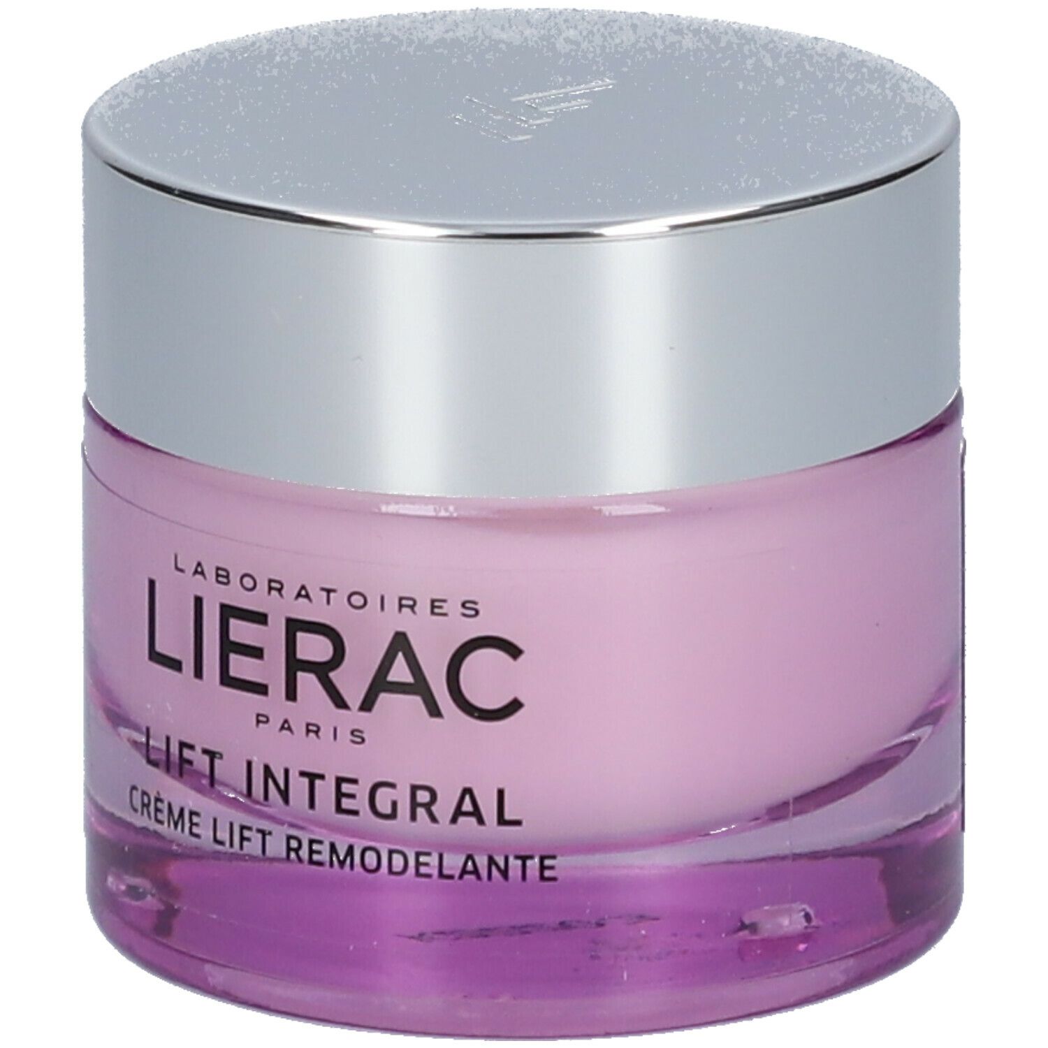 Pot de crème lilas avec couvercle argenté. Inscription: LIERAC PARIS, LIFT INTEGRAL, CRÈME LIFT REMODELANTE.
