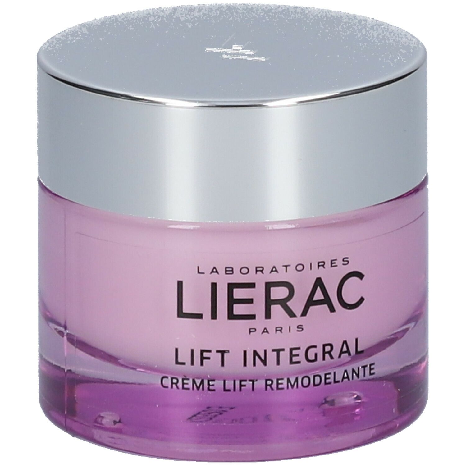 Pot de crème lilas avec couvercle argenté. Inscription: LIERAC PARIS, LIFT INTEGRAL, CRÈME LIFT REMODELANTE.