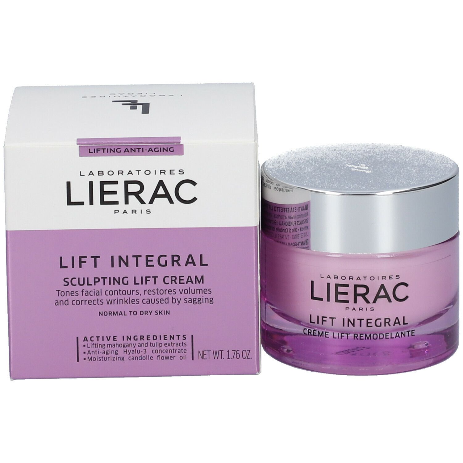 Pot de crème et emballage. Inscription: LIERAC PARIS, LIFT INTEGRAL, SCULPTING LIFT CREAM.
