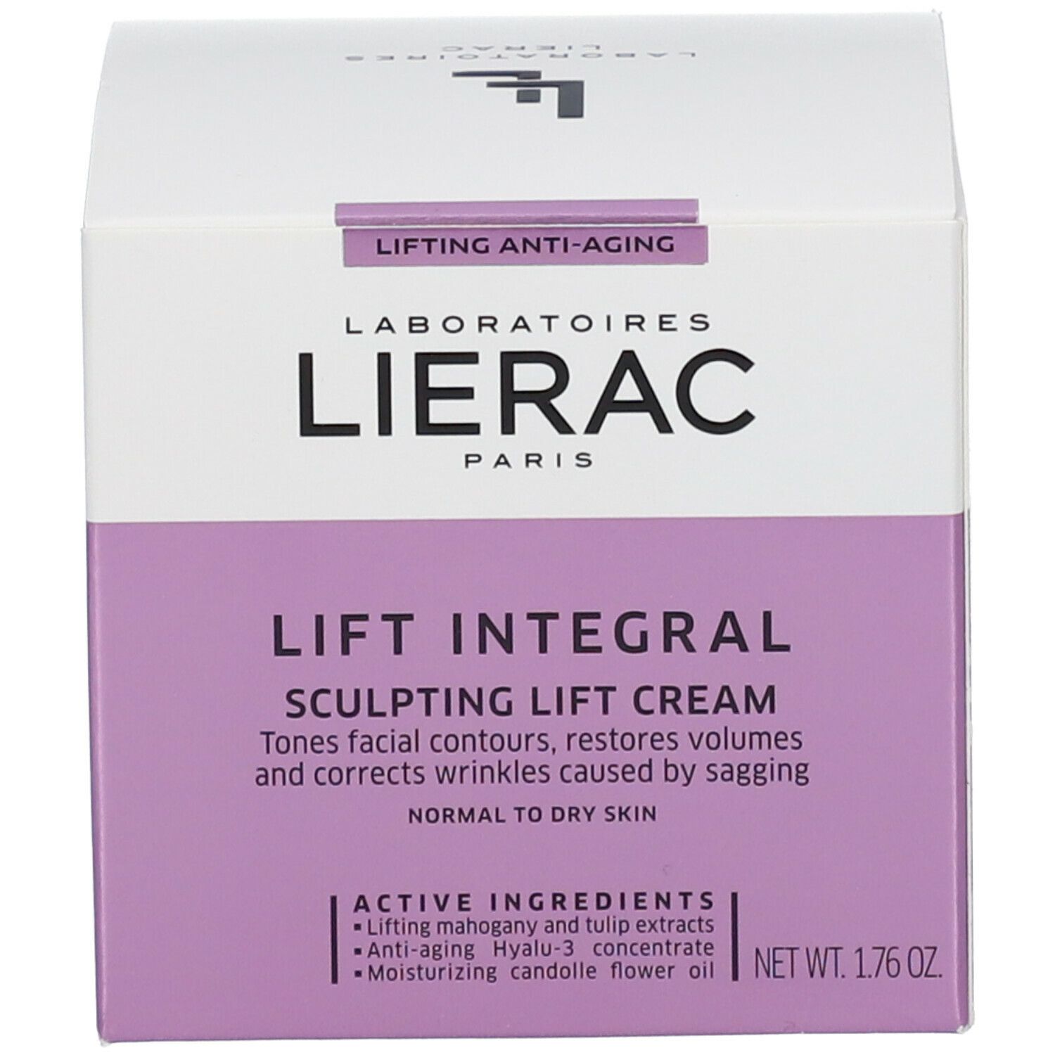 Emballage. Inscription: LIERAC PARIS, LIFT INTEGRAL, SCULPTING LIFT CREAM. Ingrédients.