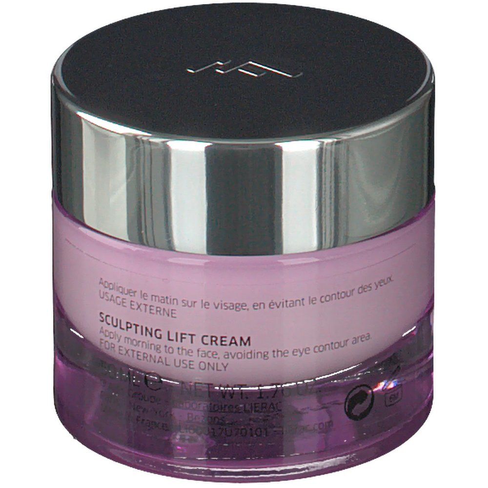 Pot de crème lilas avec couvercle argenté. Inscription: LIERAC PARIS, LIFT INTEGRAL, CRÈME LIFT REMODELANTE.