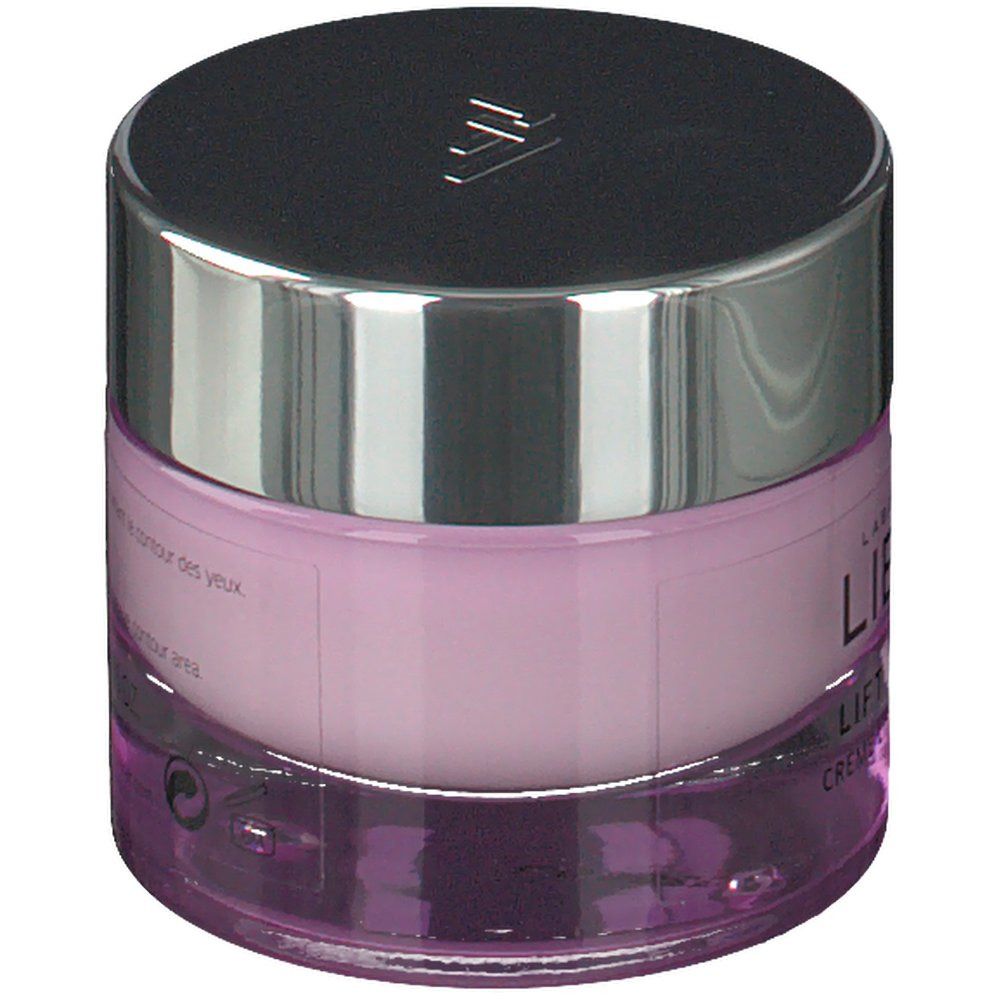 Pot de crème lilas avec couvercle argenté. Inscription: LIERAC PARIS, LIFT INTEGRAL, CRÈME LIFT REMODELANTE.