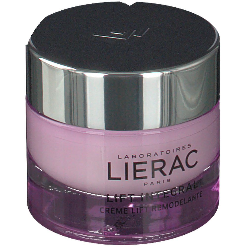Pot de crème lilas avec couvercle argenté. Inscription: LIERAC PARIS, LIFT INTEGRAL, CRÈME LIFT REMODELANTE.